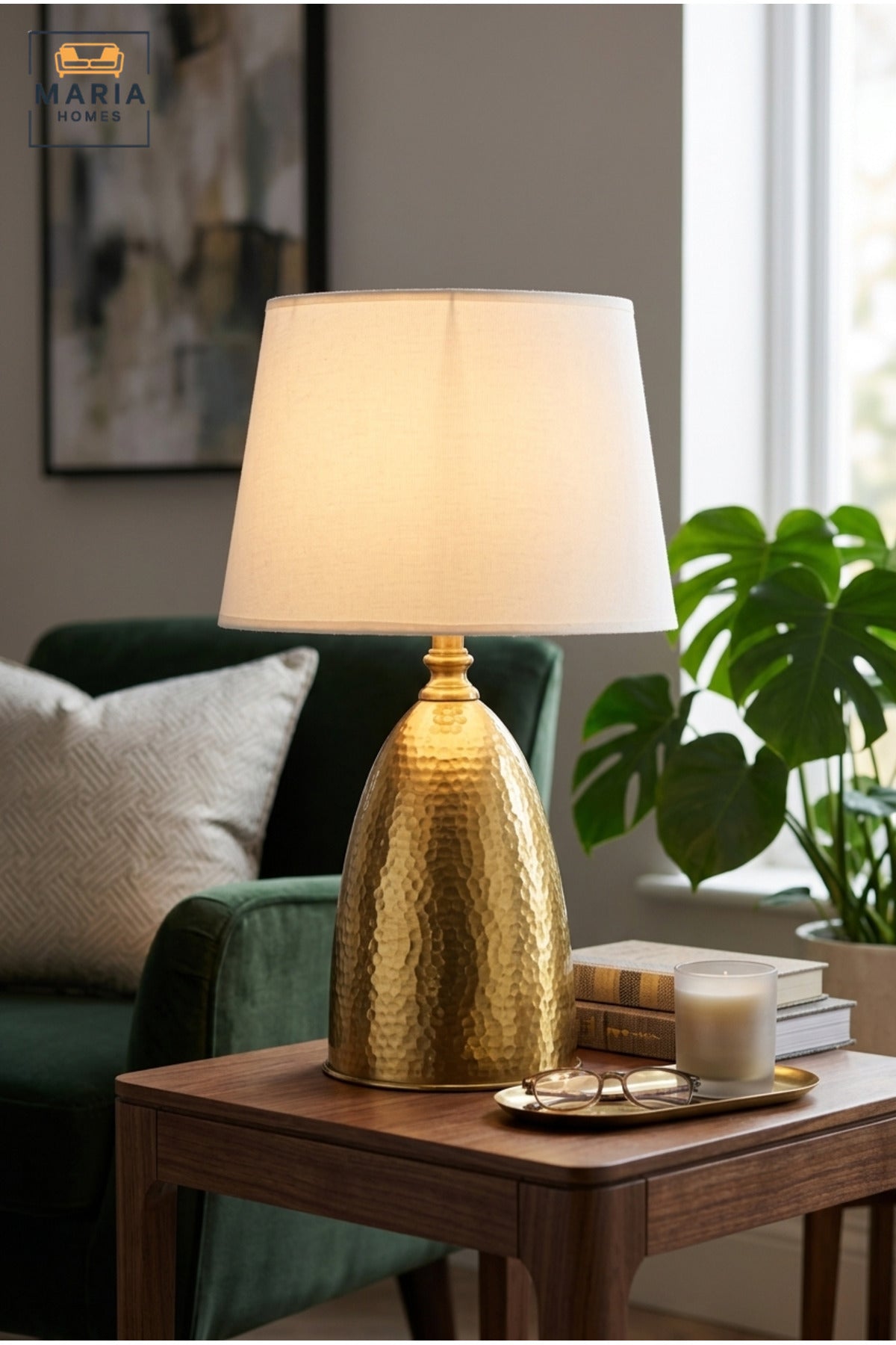 Luxury Hammered Gold Table Lamp with White Fabric Shade and Sculptural Dome Base for Bedroom, Living Room, Office, Hotel and Bedside Décor