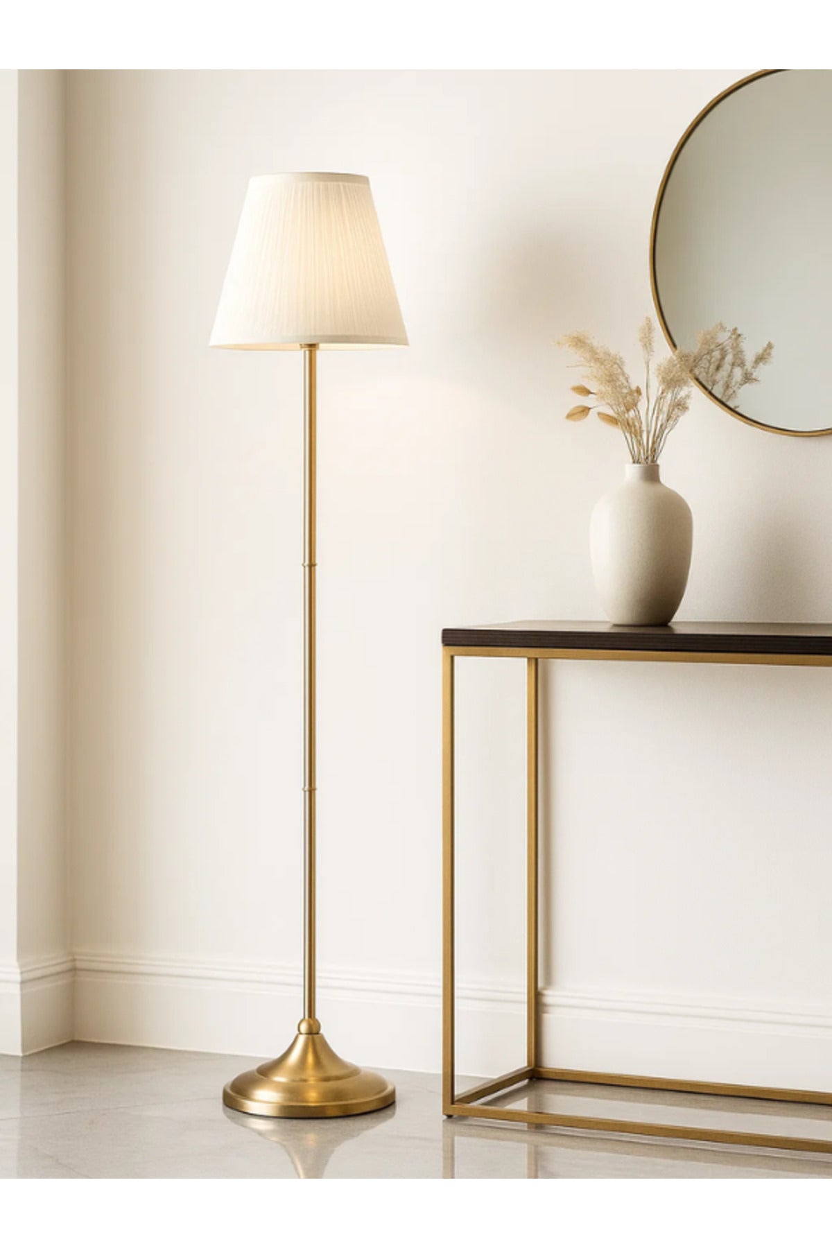 Modern Brass Floor Lamp Ð Fixed Metal Stand with White Fabric Shade for Living Room & Bedroom