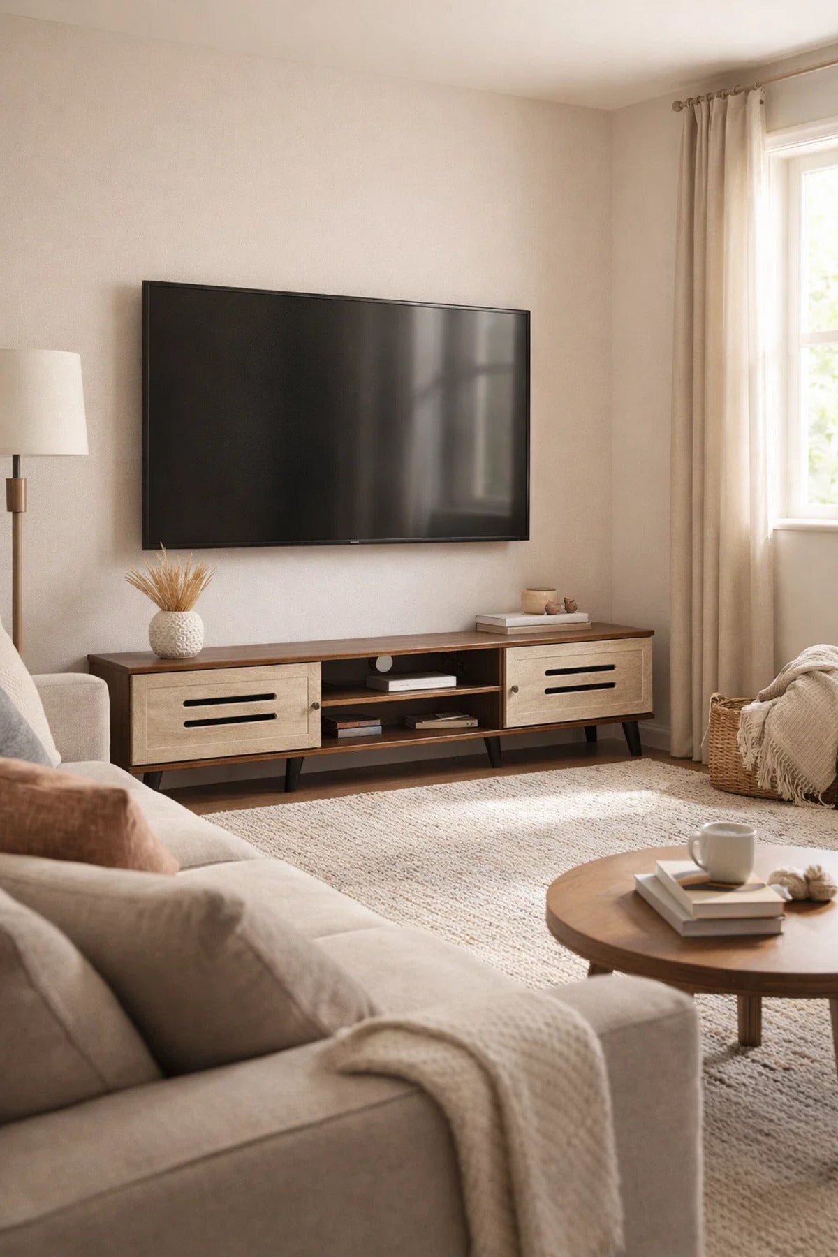 Modern Wooden TV Stand Dark Brown with Beige Front Panels 160 x 40 x 43 cm