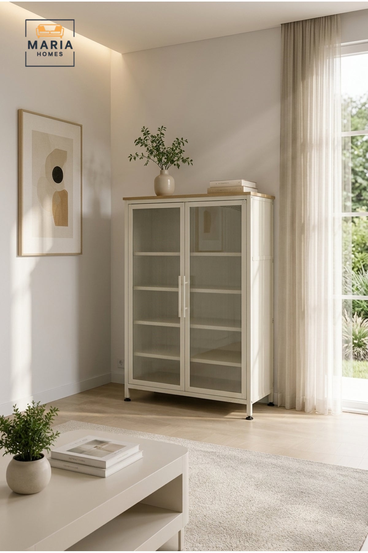 Modern Metal Display Cabinet with Ribbed Glass Doors √ê Freestanding Storage & Showcase Cabinet