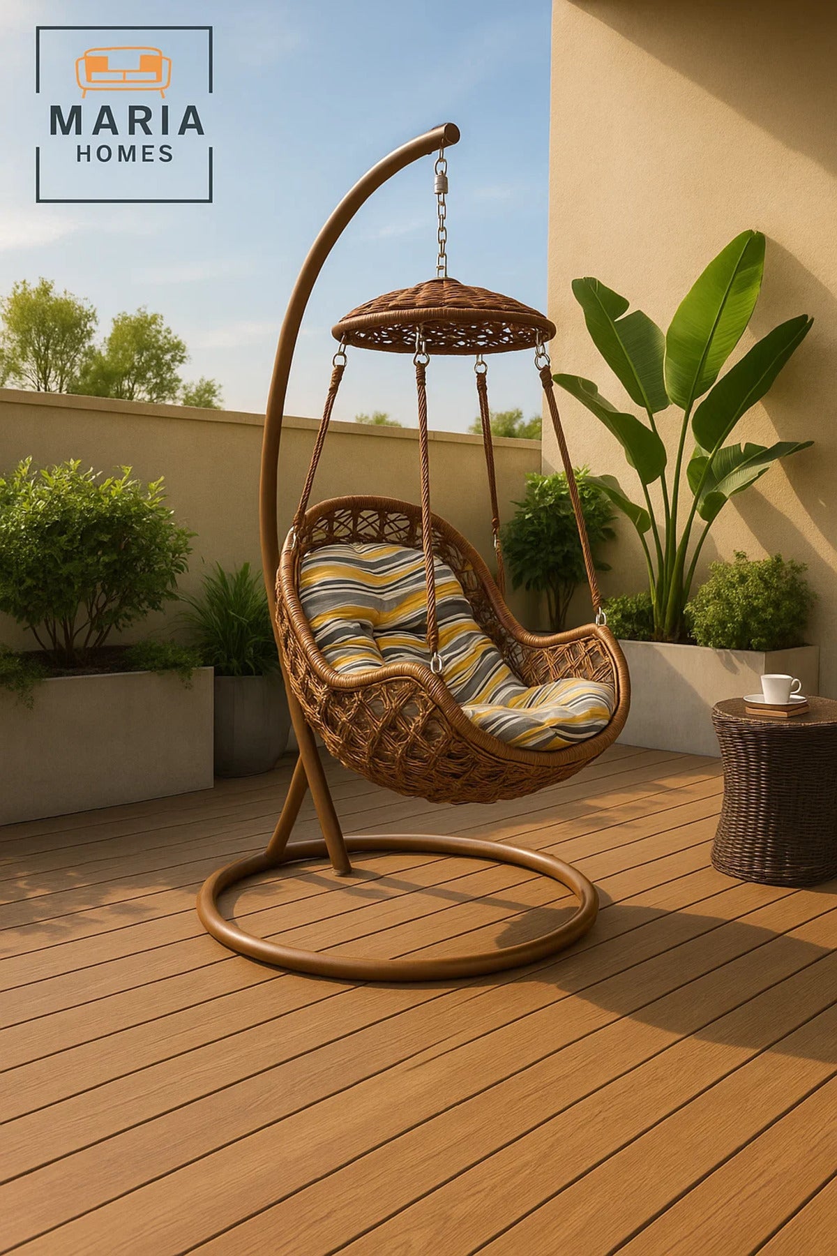 Modern Grey Rattan Hanging Swing Chair with Stand and Canopy for Outdoor Garden Patio Balcony
