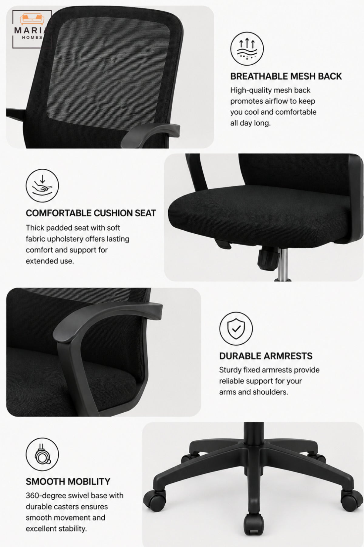 Modern Black Mesh Office Chair with High Backrest, Padded Seat, Armrests, Adjustable Height & Rolling Wheels for Home Office Study Workspace