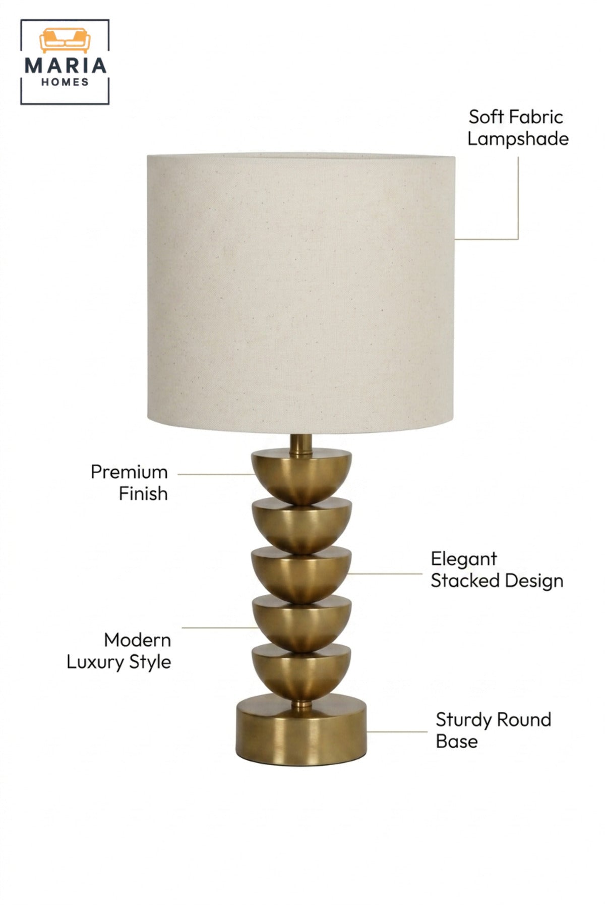 Modern Gold Table Lamp with Stacked Bowl Design and Fabric Drum Shade Decorative Bedside Light for Bedroom Living Room Office and Hotel Décor