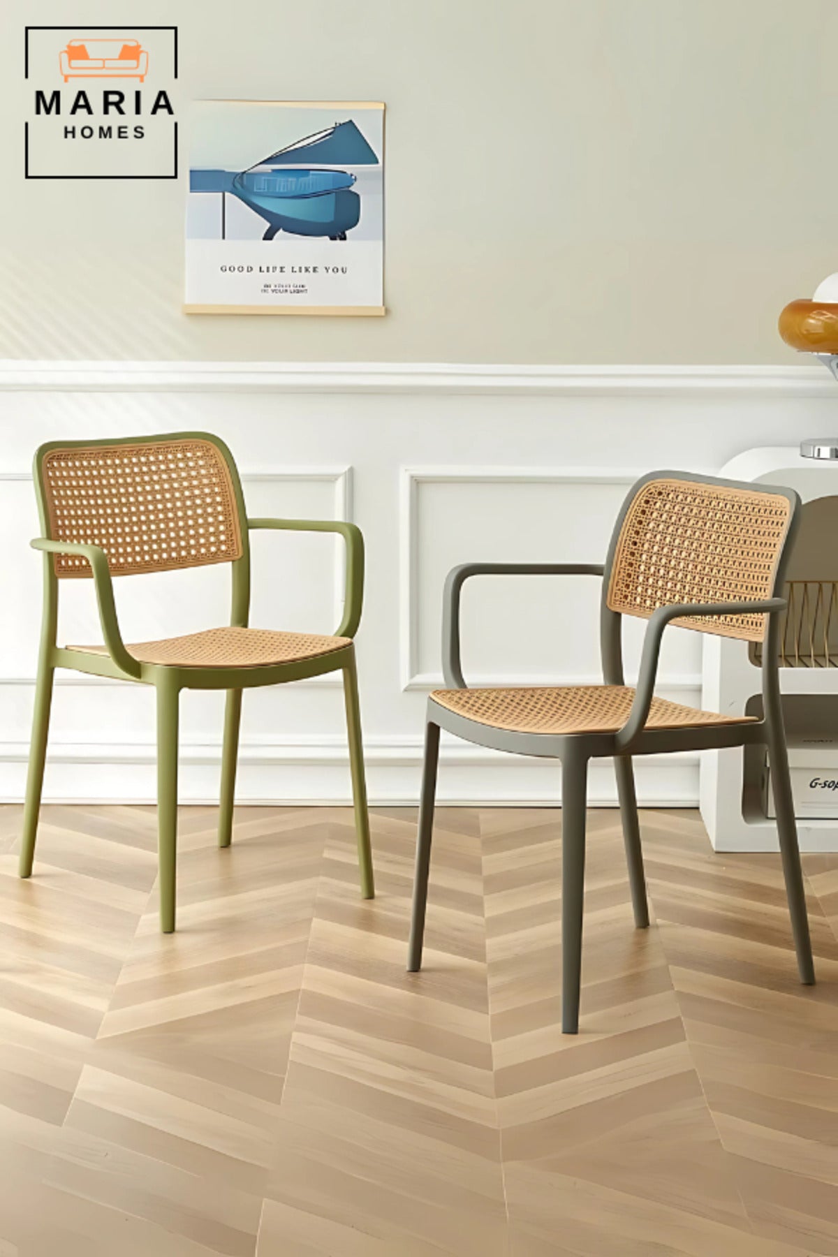 Modern Rattan-Style Plastic Armchair White Frame Dining or Accent Chair by Maria Homes