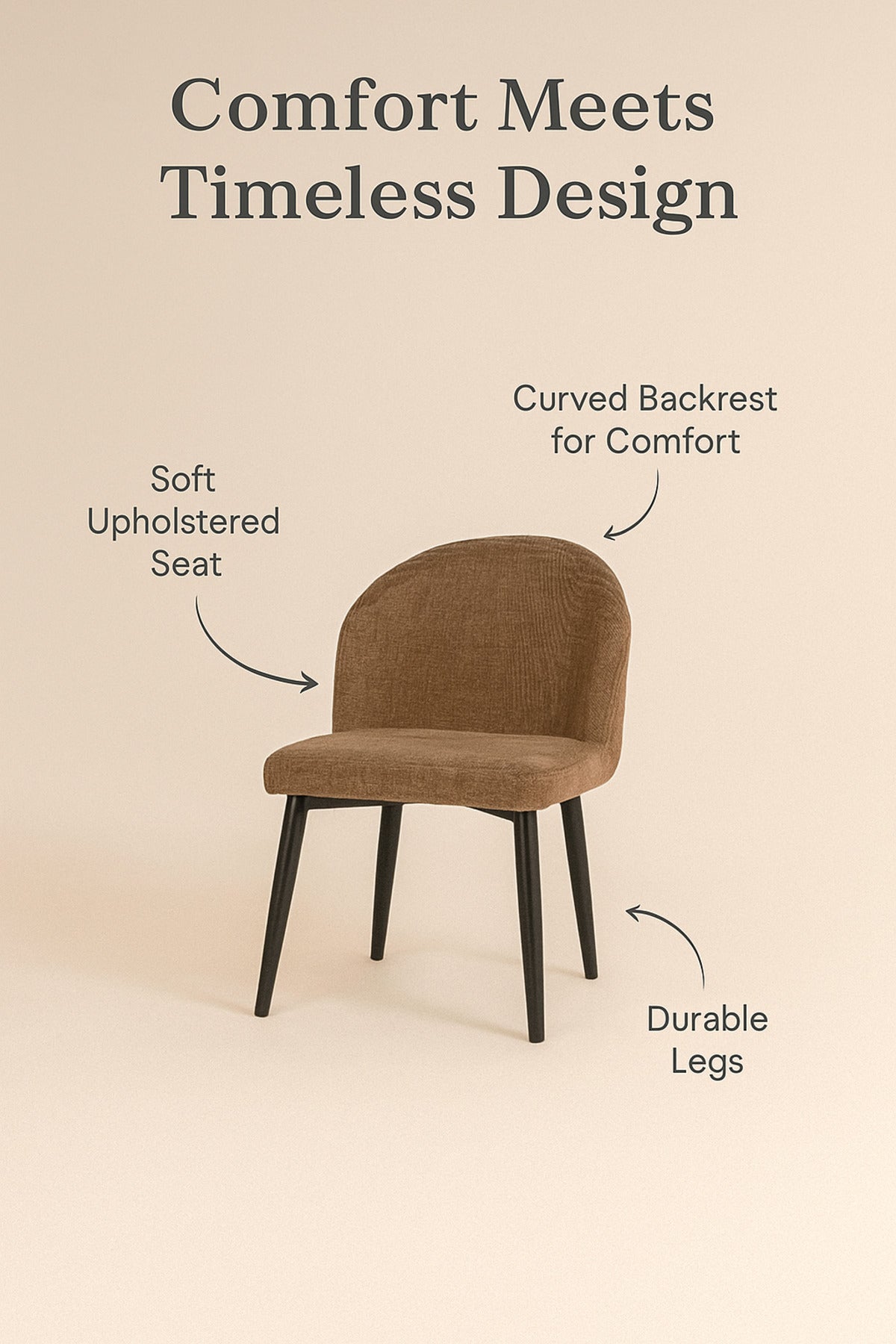 Brown Fabric Dining Chair Modern Upholstered Curved Back Chair with Black Metal Legs for Dining Room
