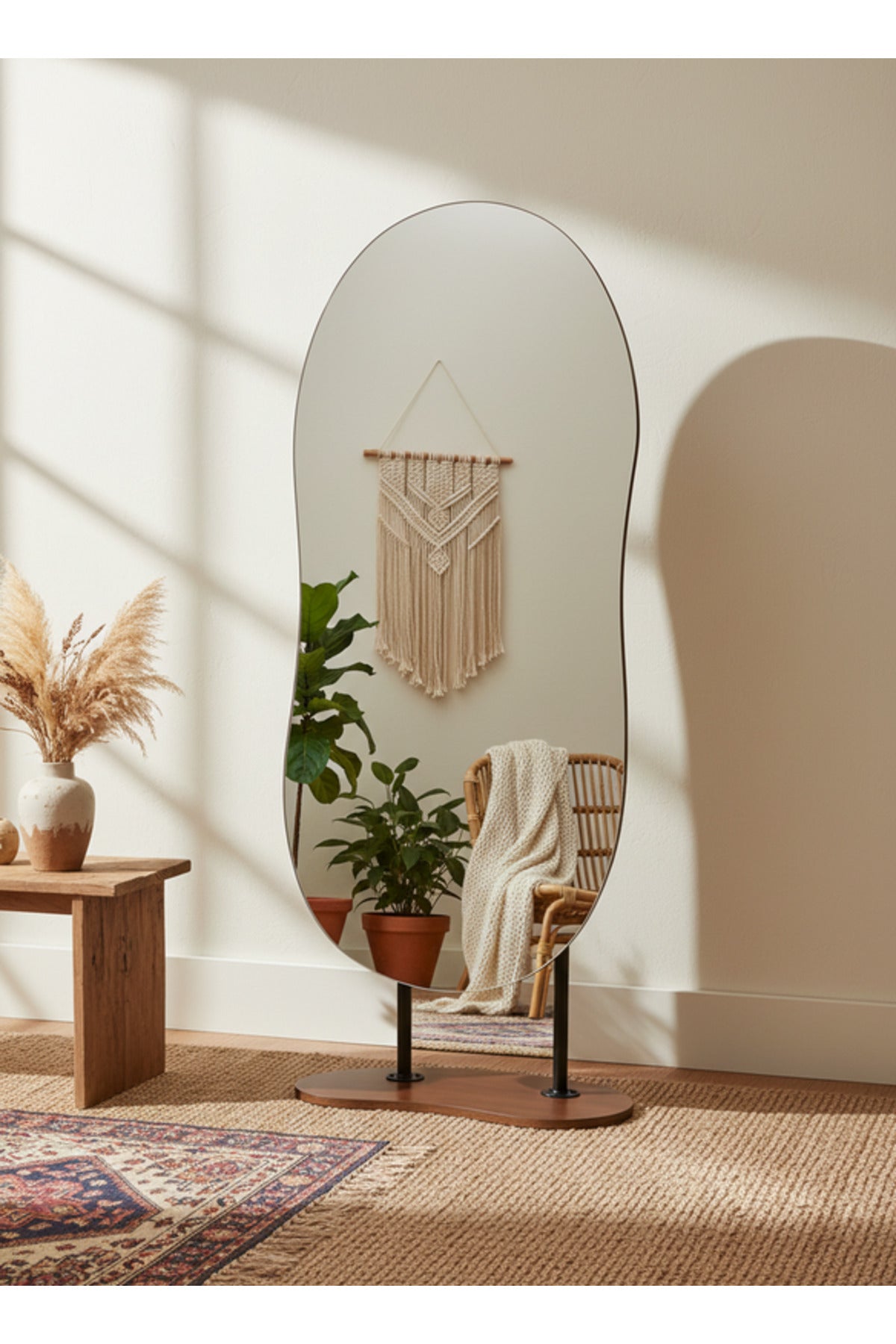 Modern Irregular Shape Standing Floor Mirror with Wooden Base Decorative Mirror