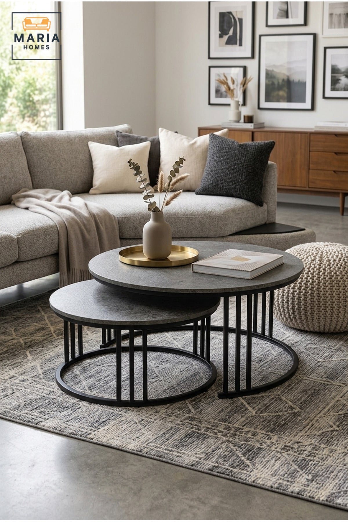 Modern Nesting Coffee Table Set with Round Stone-Effect Tops and Open Metal Frames, Space-Saving Center Tables for Living Room, Lounge and Office
