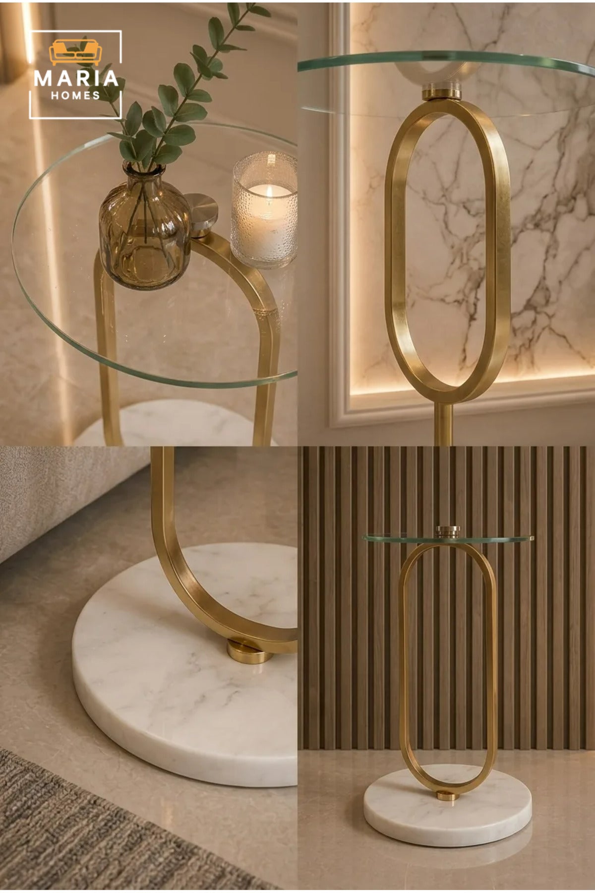Modern Round Side Table √ê Tempered Glass Top, Gold Oval Metal Frame, Marble Base, 35x58 cm