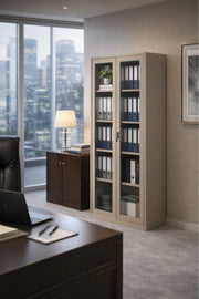Premium Beige Metal Wardrobe Storage Cabinet with Sliding Glass Doors for Home Office Organization