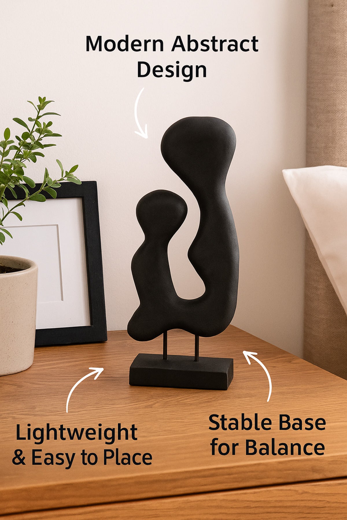 Black Wooden Abstract Freeform Sculpture on Stand Ð Modern Decorative Accent