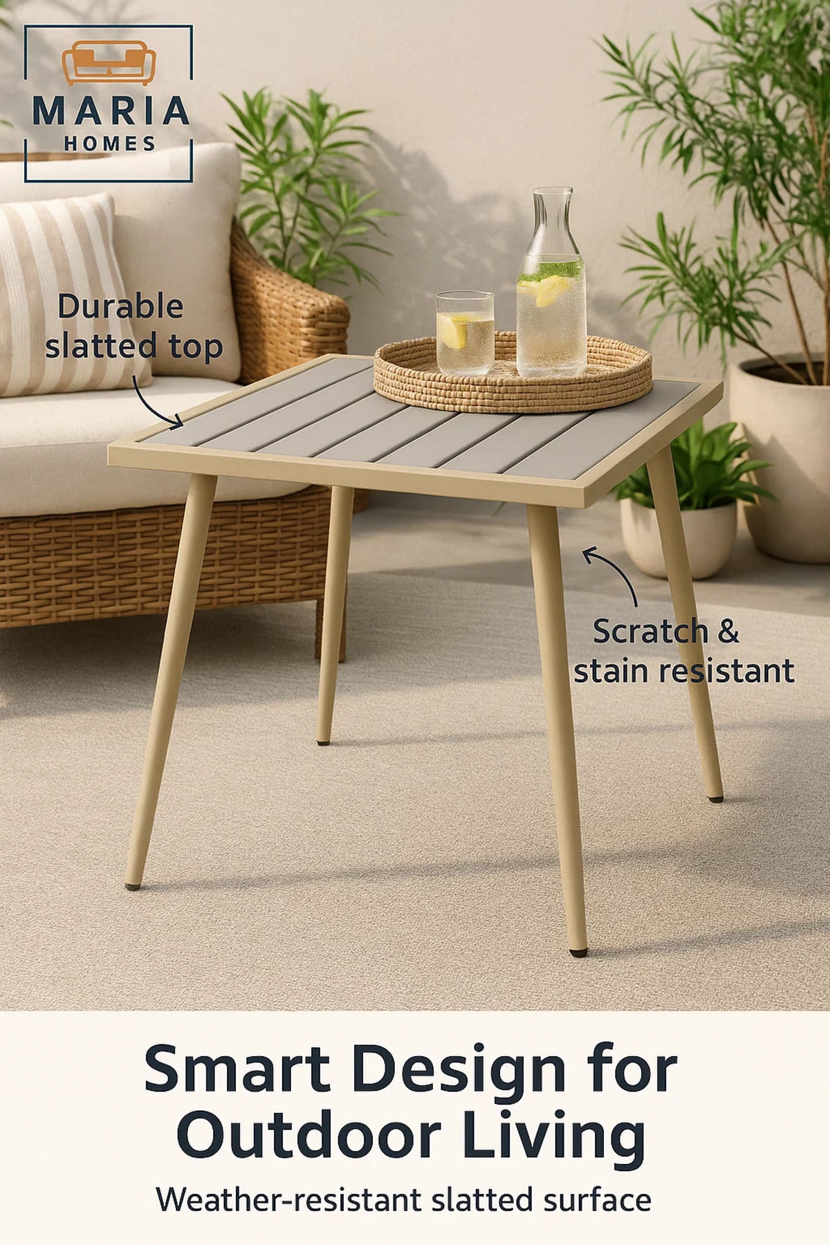 Beige Square Side Table with Slatted Top and Tapered Legs
