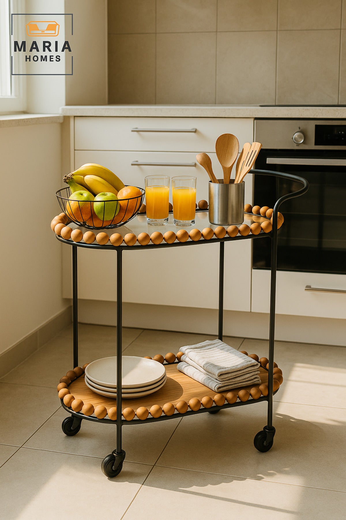 Brown & Black Oval Serving Trolley with Wooden Beads Ð 2-Tier Tea & Coffee Cart 70_40_84 cm