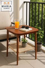 Retro Square Side Table with Woven Rattan Shelf and Wood Frame