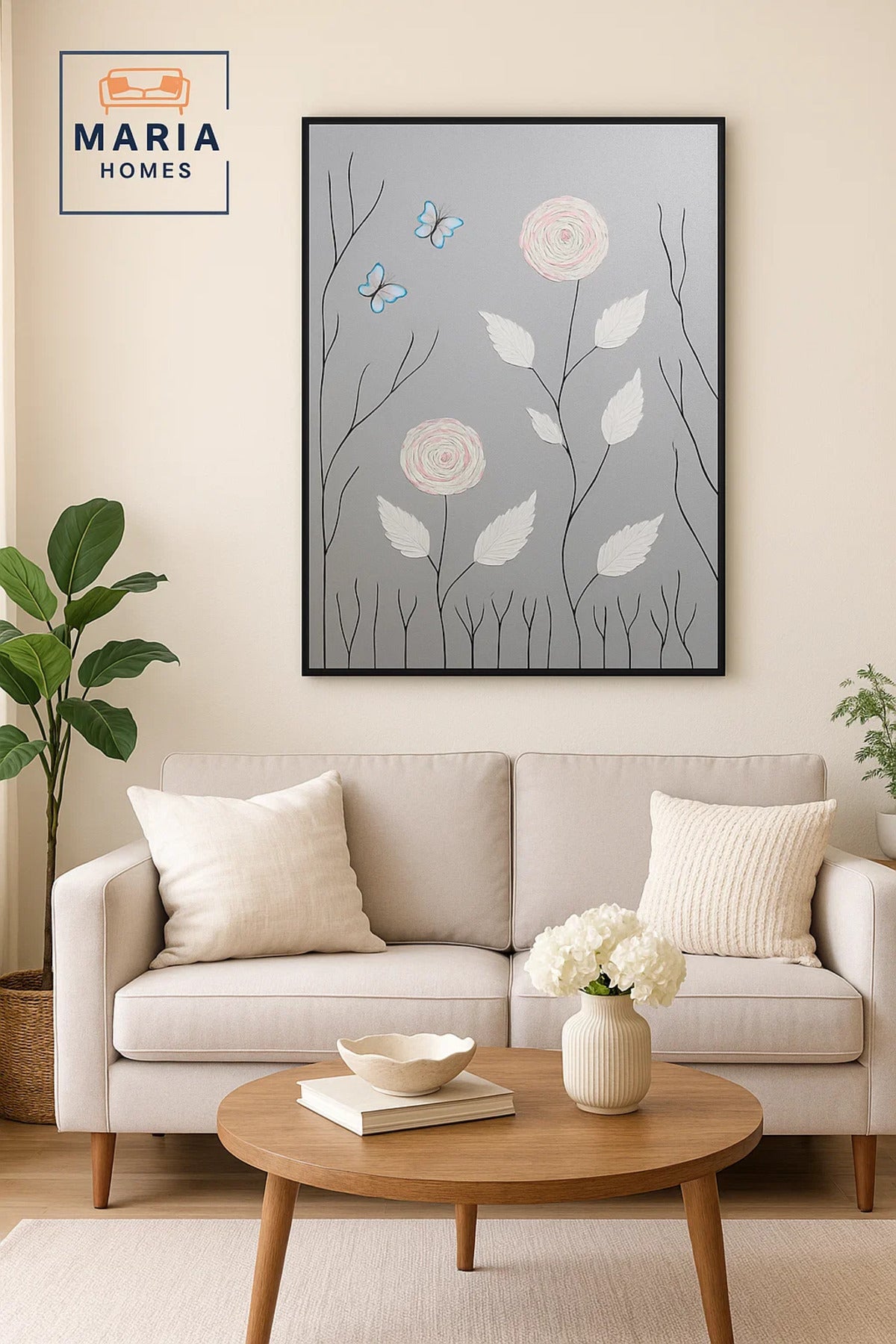 Modern 3D Wall Art Ð Grey Floral Decorative Panel with Butterflies 120_80 cm