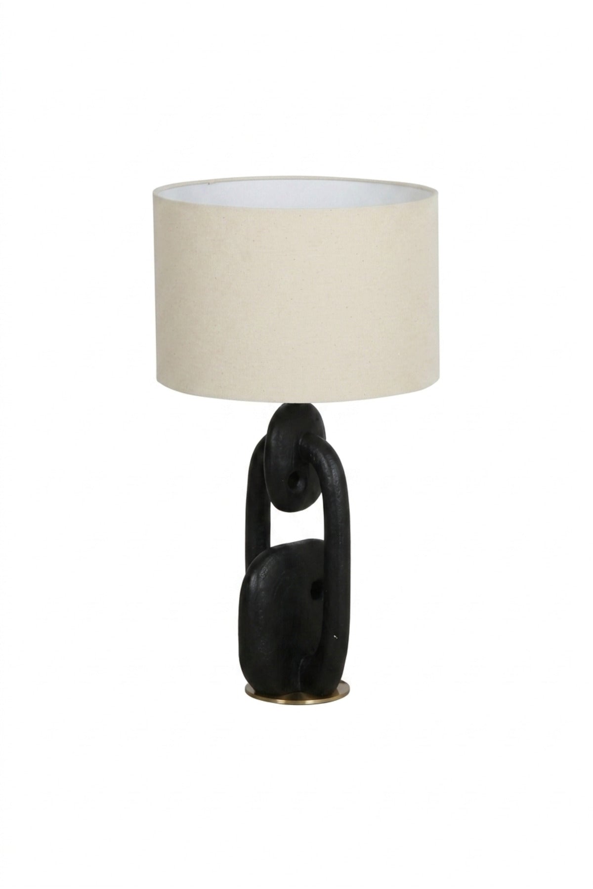 Modern Abstract Black Table Lamp with Beige Drum Fabric Shade and Sculptural Chain Link Base for Bedroom, Living Room, Office, Hotel and Bedside Décor