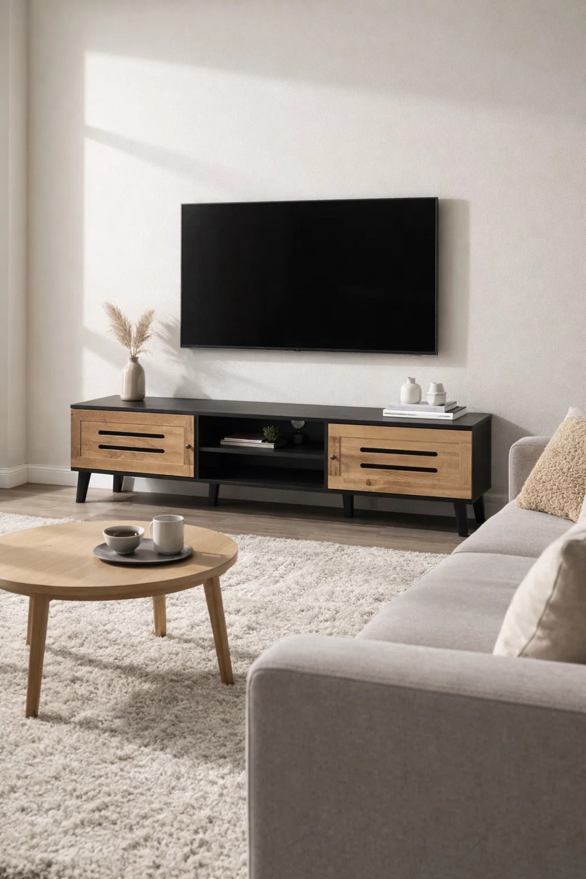 Modern Wooden TV Stand Black with Oak Front Panels 180 x 40 x 43 cm