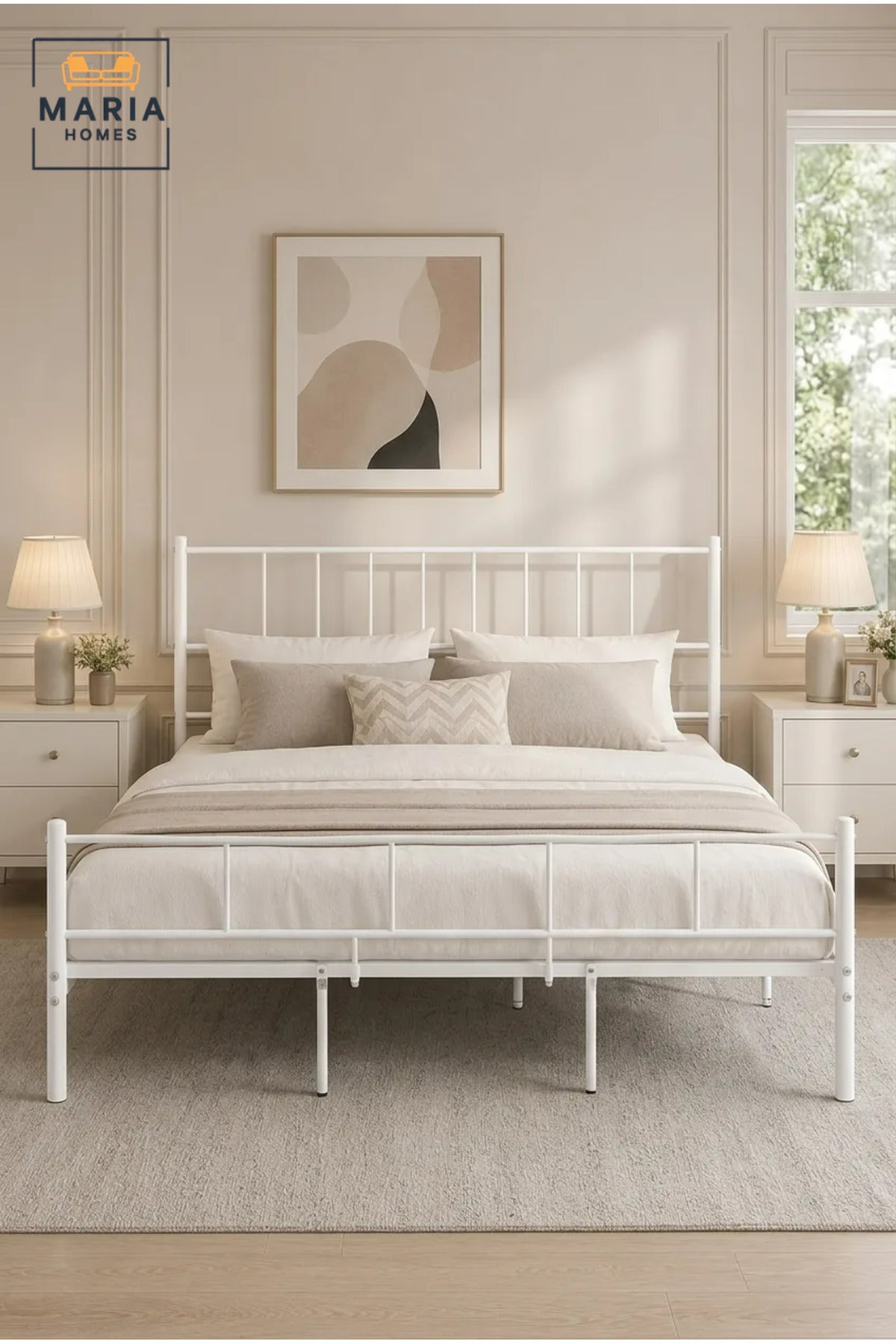 Modern White Metal Bed Frame 180_200 cm √ê Platform Bed with Minimalist Headboard, Heavy Duty Mattress Foundation