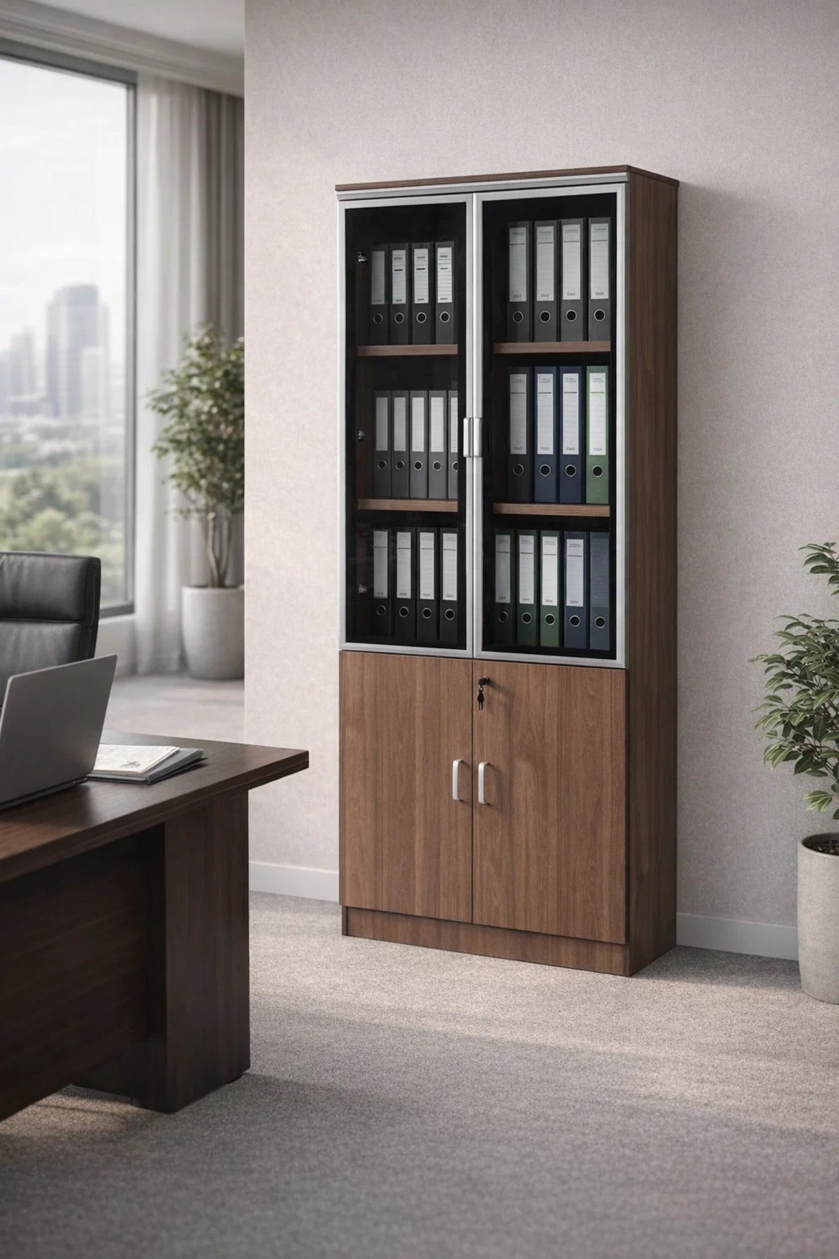 Modern Light Brown Storage Cabinet Glass Display Doors Wooden Office File Organizer Cupboard 190cm
