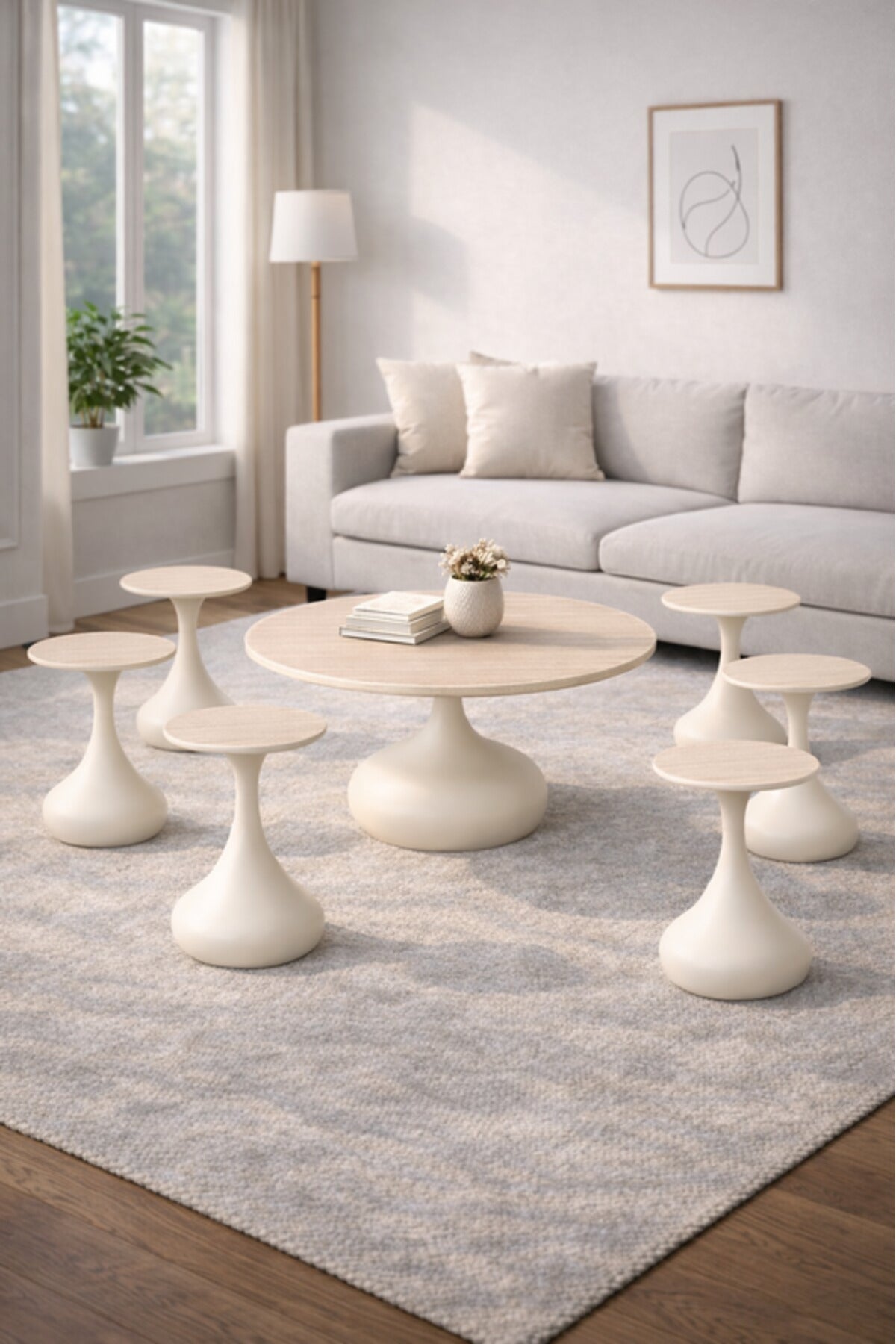 Round Beige Coffee Table Set with 6 Side Tables 80 _ 80 _ 48 cm