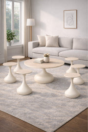 Round Beige Coffee Table Set with 6 Side Tables 80 _ 80 _ 48 cm
