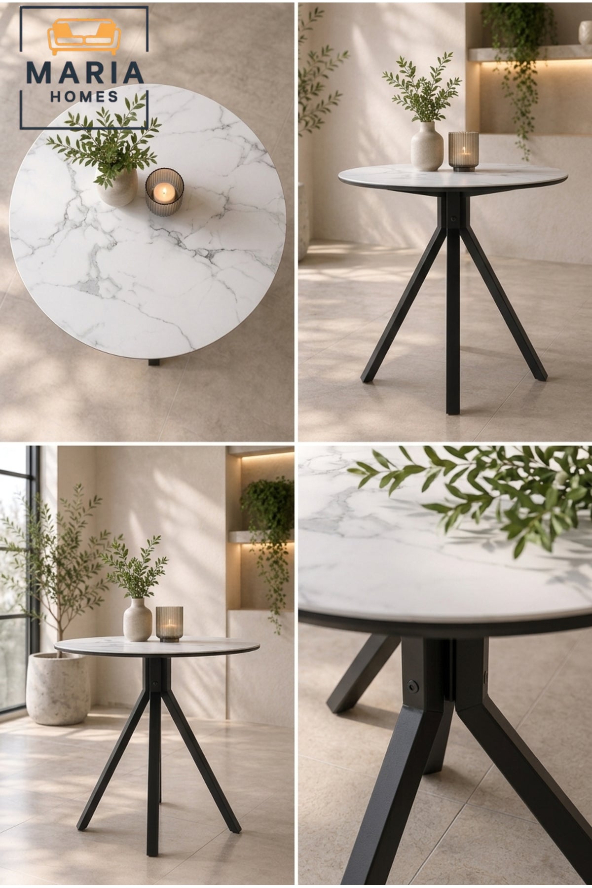 Modern Round Dining Table Marble Look Top Caf≈Ω Table Restaurant Table with Black Metal Base