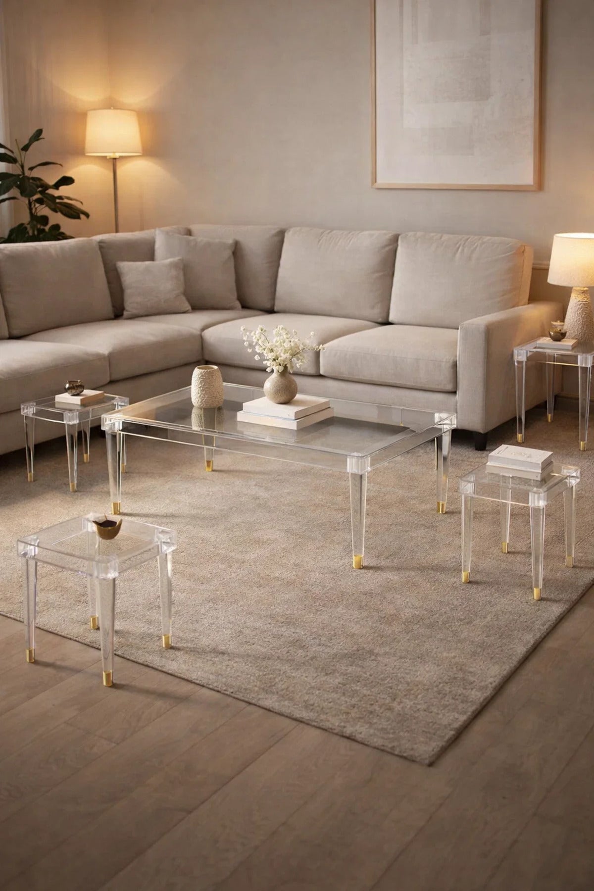 Elegant 5-Piece Glass Coffee Table Set with Gold Acrylic Base √ê Modern Living Room Set