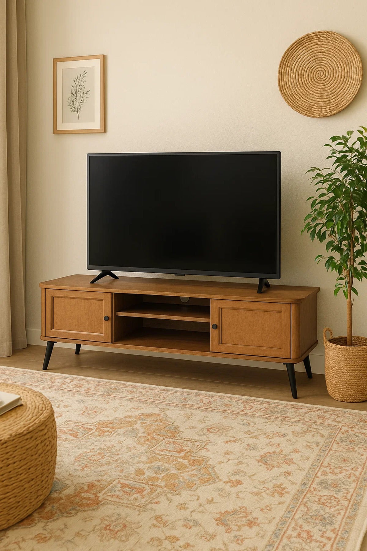Rattan Door TV Stand with Open Shelves Ð 200x40x50 cm Brown Mid-Century Console