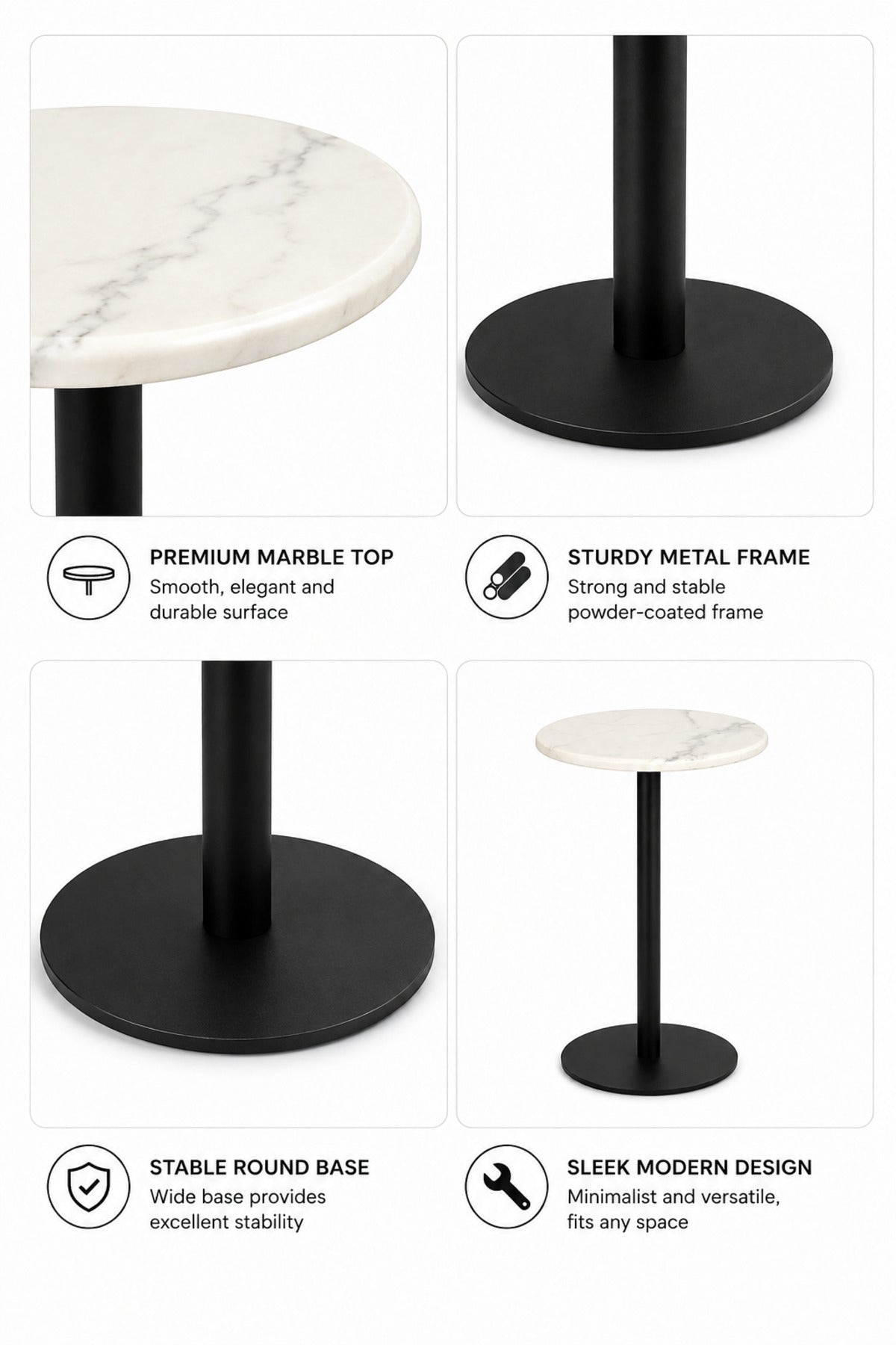 Modern Round Café Table with White Top, Black Pedestal Base & Minimalist Design, Bistro Table for Coffee Shop Restaurant Dining Area, 60 x 35 CM