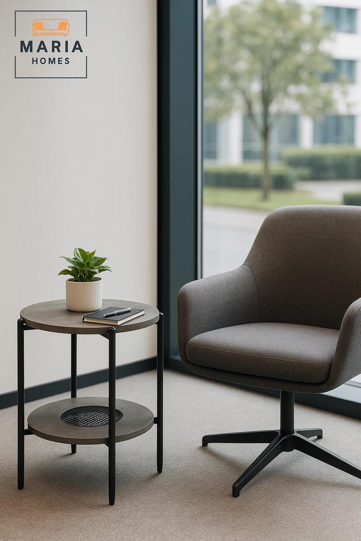 Modern Grey Side Table √ê Round Coffee Table with Lower Storage Shelf 40_40_55 cm