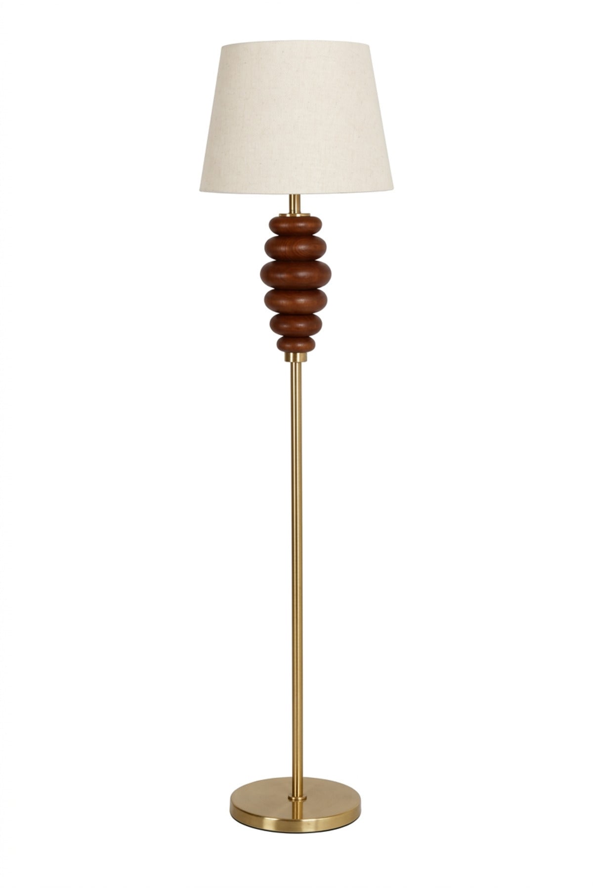 Modern Gold Floor Lamp with Sculptural Stacked Wooden Detail, Fabric Shade and Round Base Decorative Standing Light for Living Room Bedroom and Office