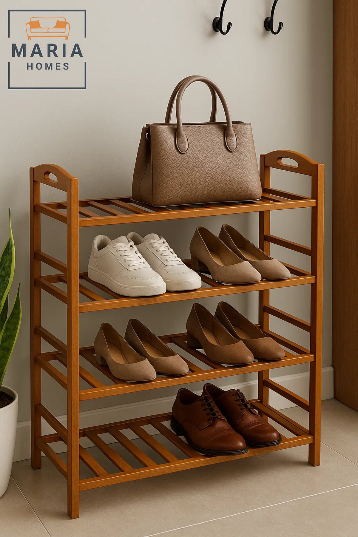 4-Tier Wooden Shoe Rack Organizer for Entryway, Closet or Bedroom Ð Compact and Sturdy Design