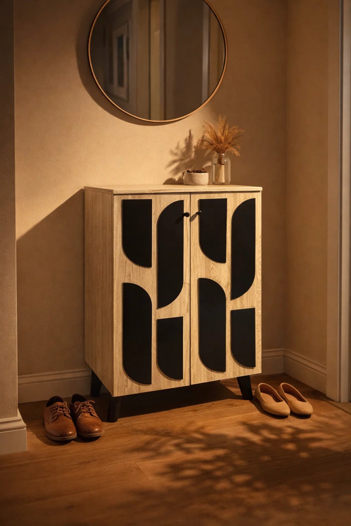 Beige Shoe Cabinet 60_34_91 cm √ê Modern Shoe Organizer with Decorative Doors