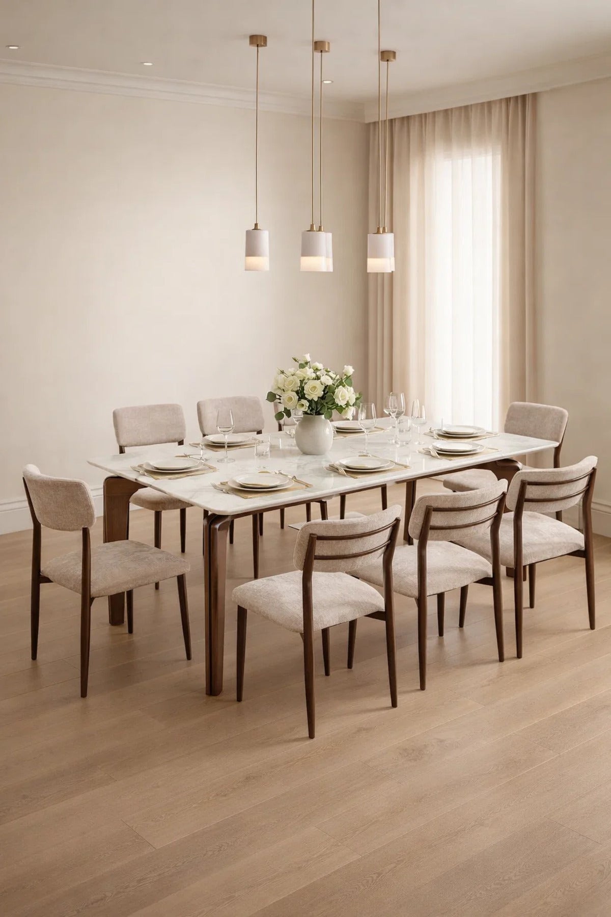 Modern Marble Pattern Dining Table Set with 8 Upholstered Dining Chairs for Living Room 180cm