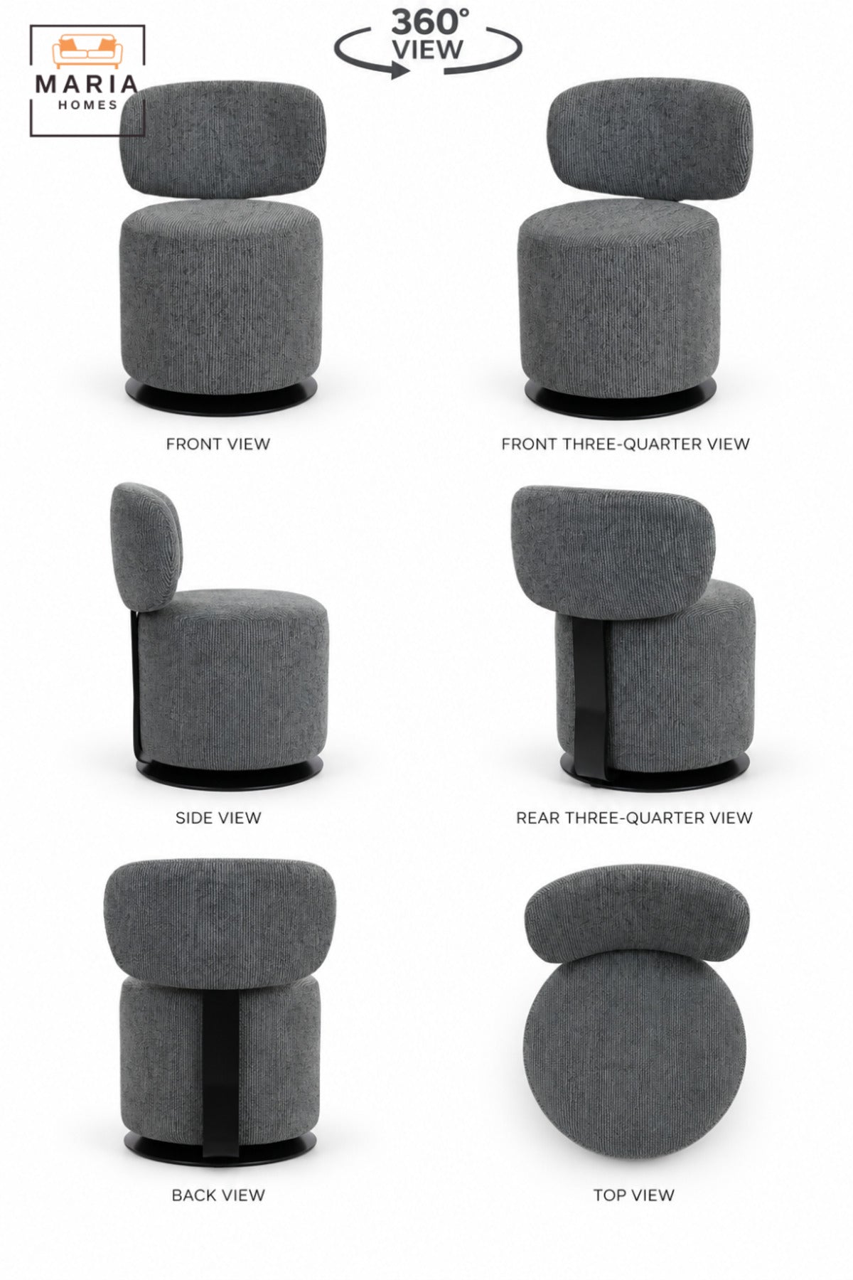 Modern 360° Swivel Arm Chair | Dark Grey Fabric Upholstered Accent Chair with Padded Seat, Curved Backrest & Black Round Base for Living Room