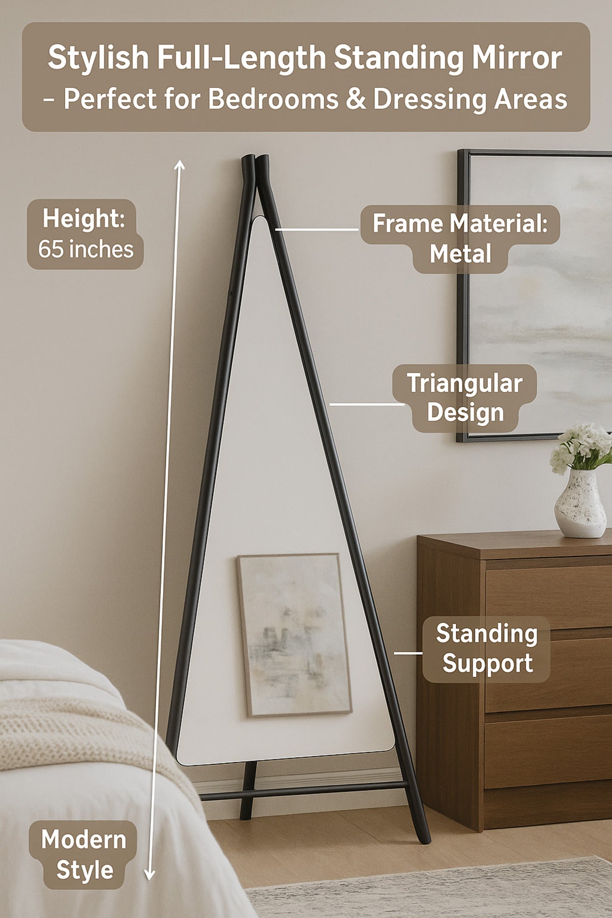 Modern Floor Standing Mirror with Black Frame Ð Full-Length Dressing Mirror 168_70 cm