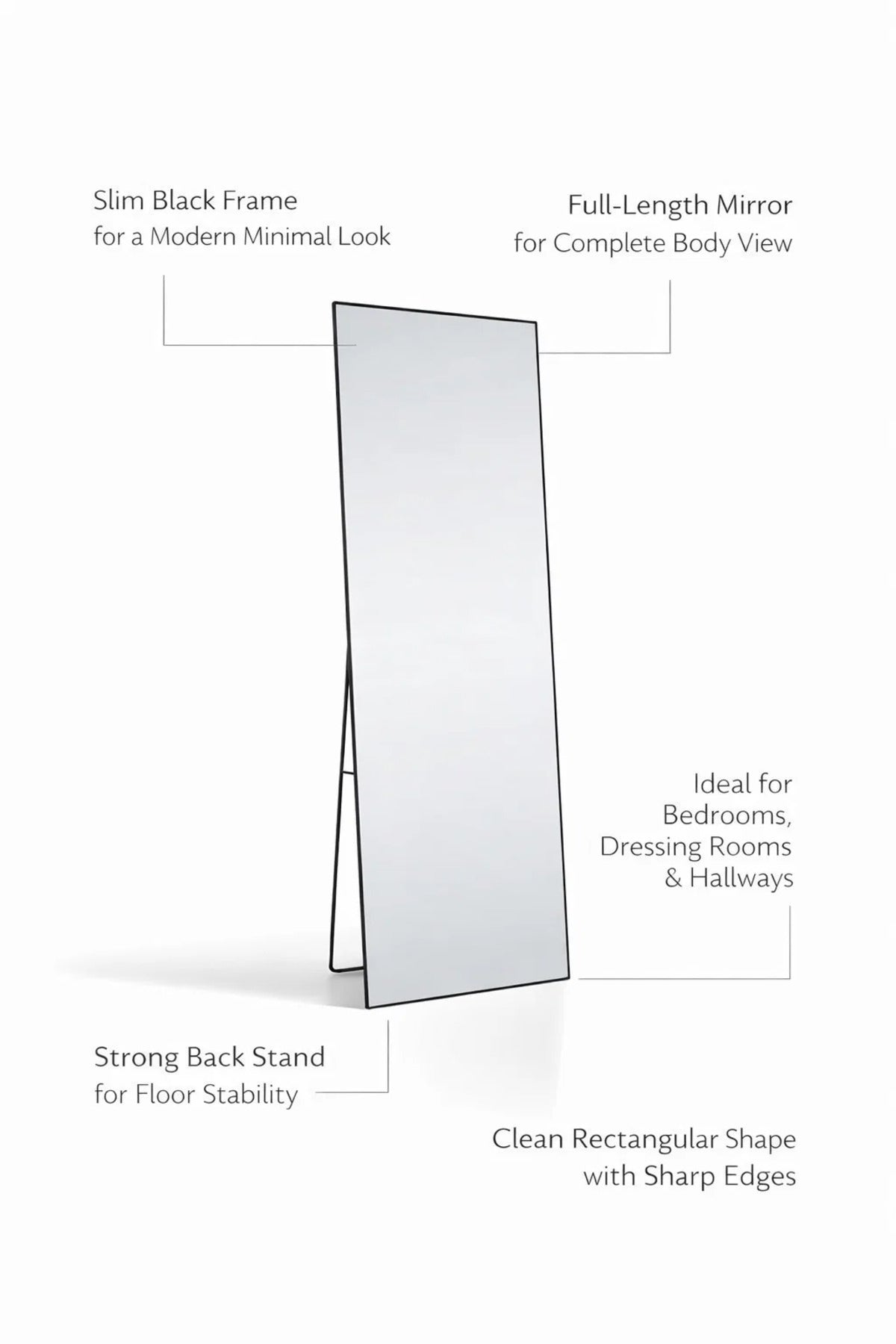 Elegant Black Frame Standing Full Body Mirror 160x50cm Modern Dressing Room Floor Decor Mirror
