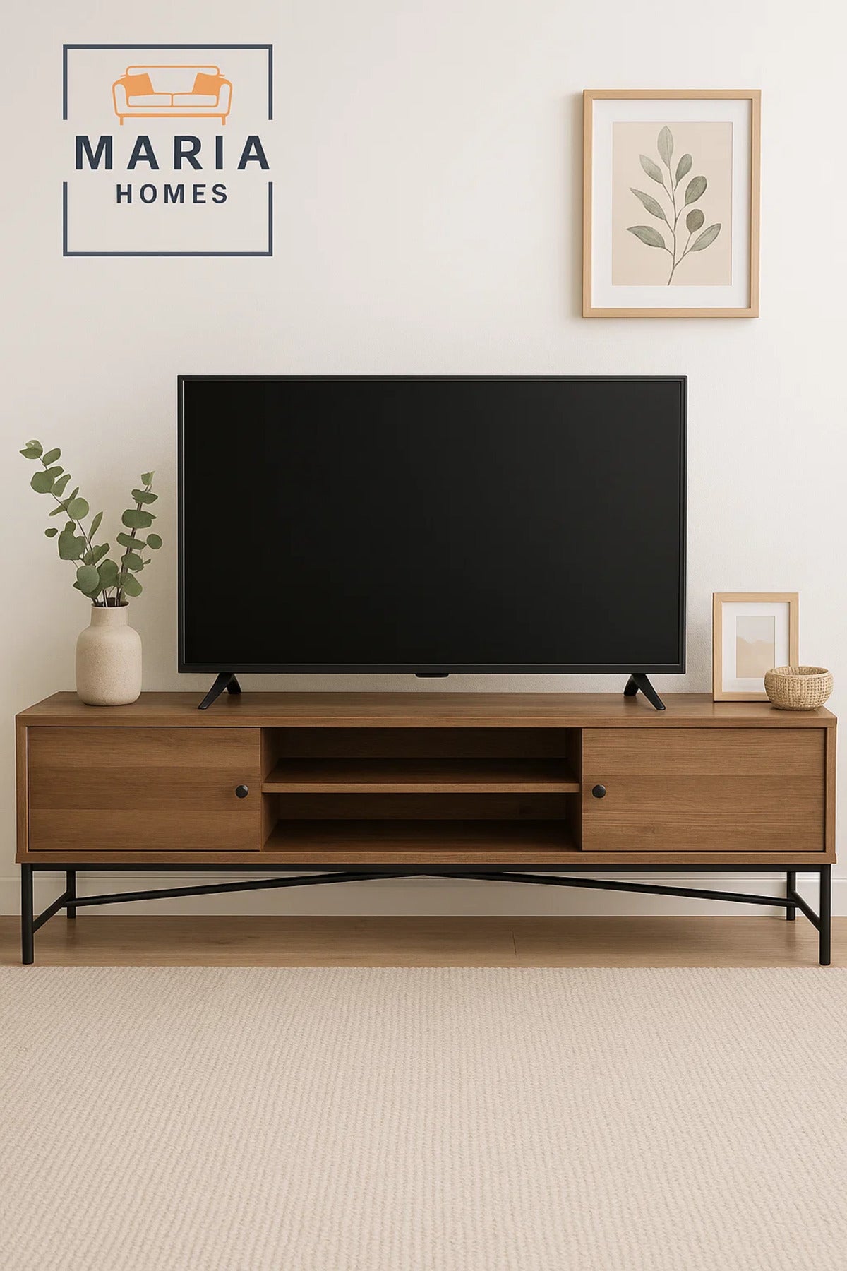 Large Industrial TV Stand in Brown Wood with Metal Base Ð 200x40x50 cm Media Console