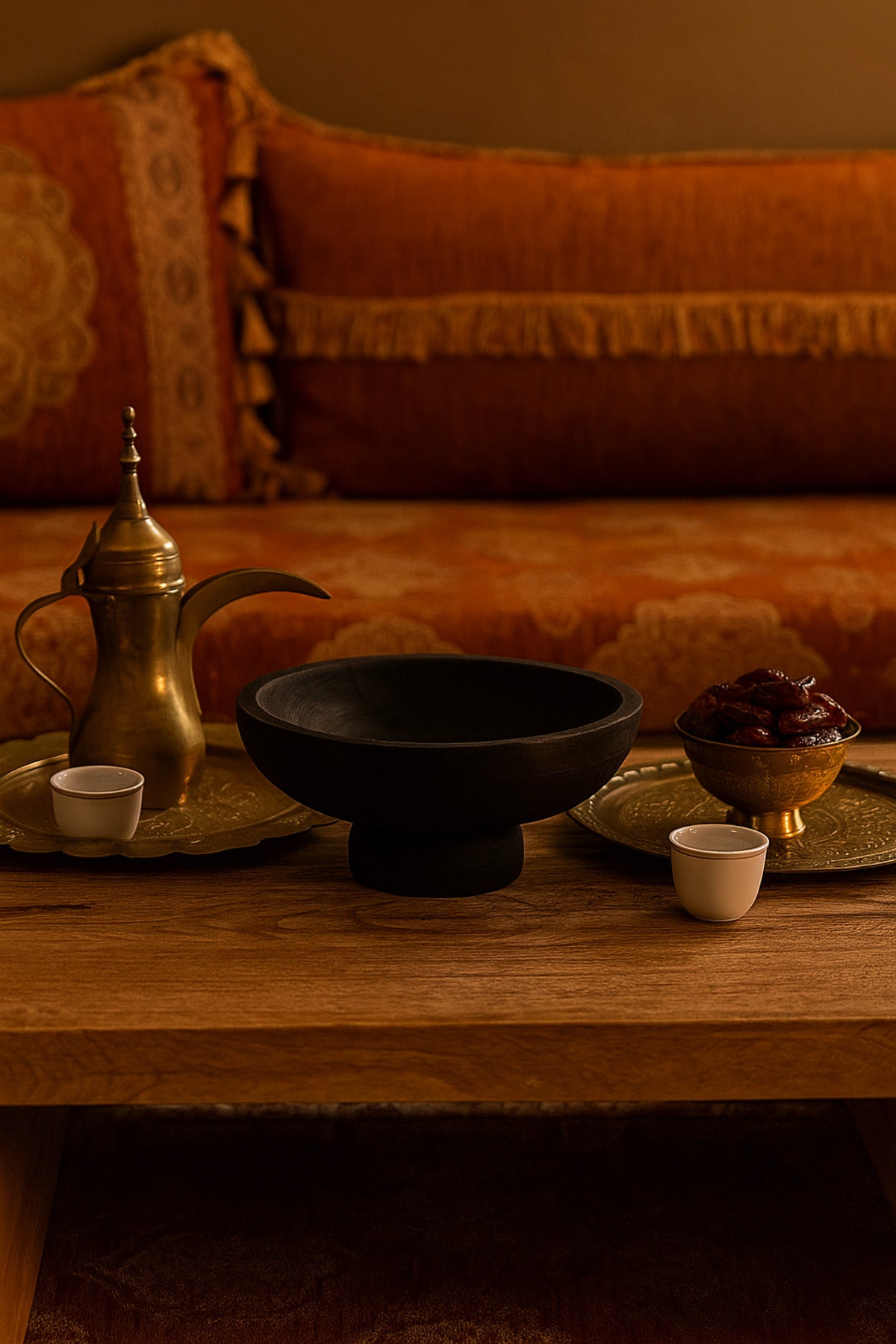 Black Wooden Decorative Bowl with Pedestal Base Ð Modern Centerpiece