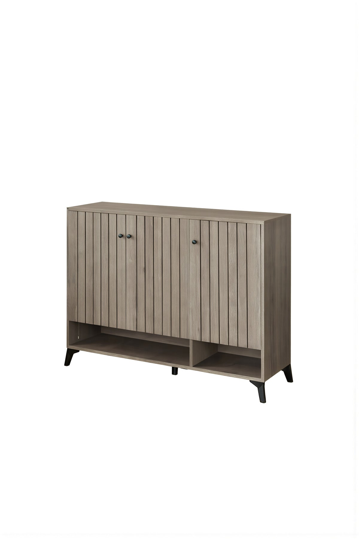 Modern Grey Shoe Cabinet 120cm with Vertical Slats, Open Shelf & 3 Doors for Entryway Storage