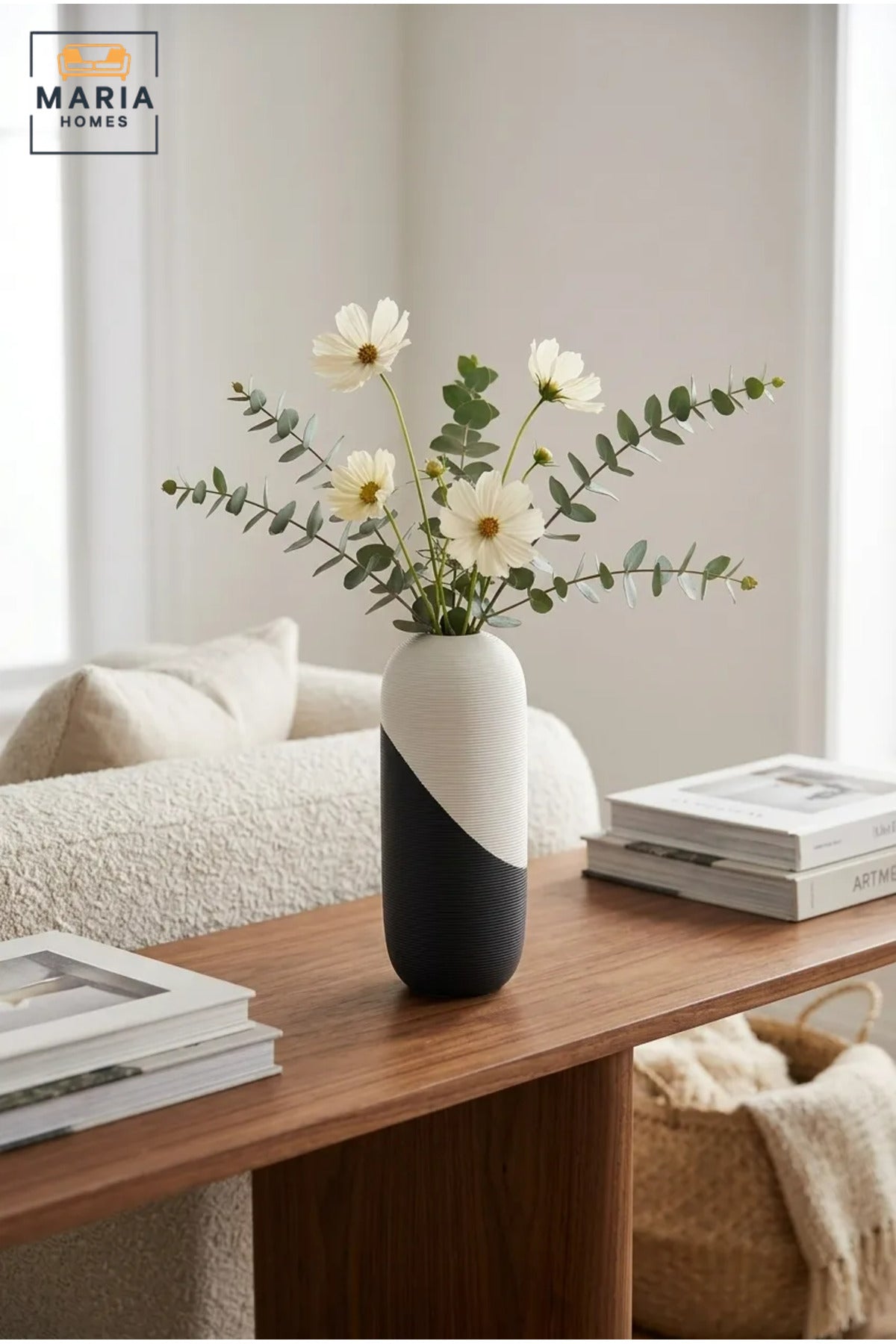 Modern Decorative Flower Vase with Two-Tone Abstract Design, Oval Cylinder Shape and Ribbed Texture for Living Room, Bedroom, Office and Console Décor
