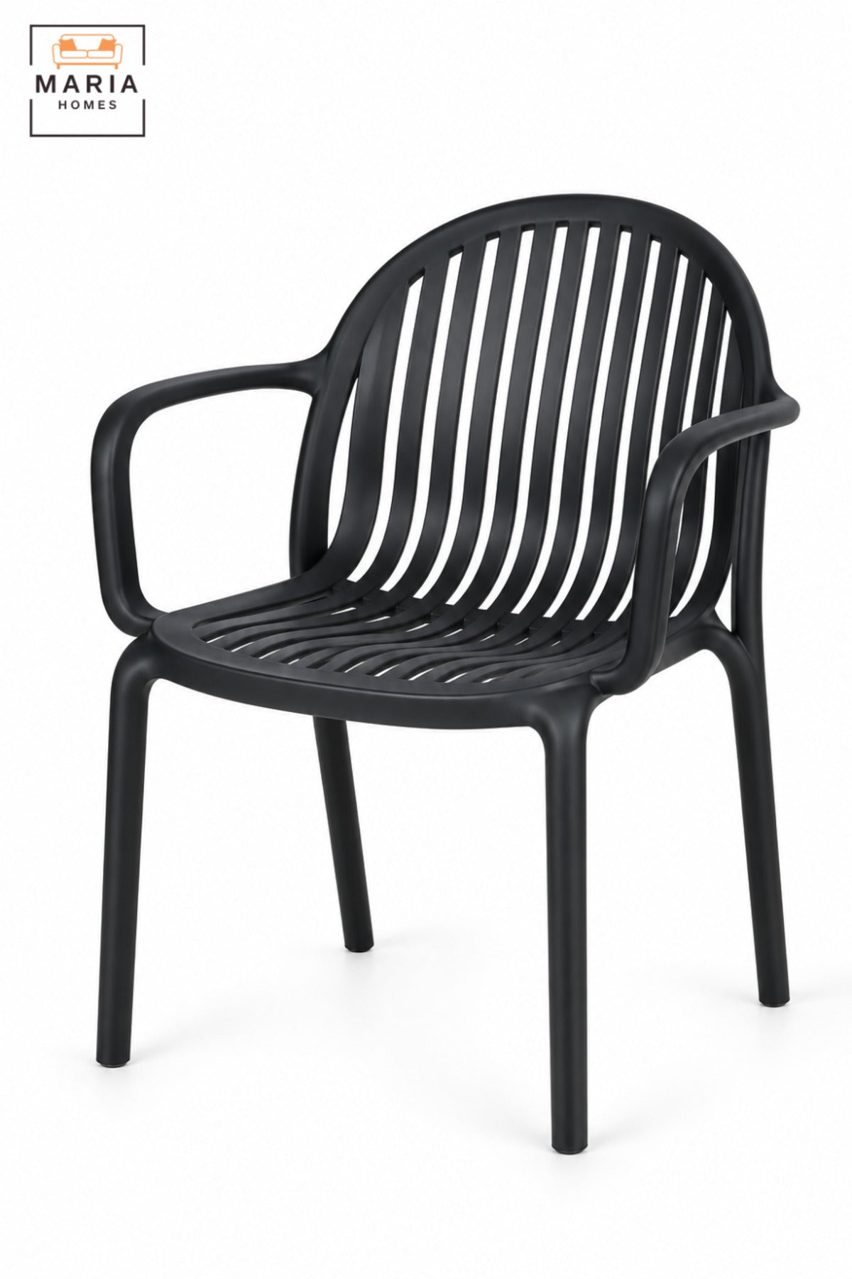 Modern Black Garden Chair with Armrests, Vertical Slatted Curved Backrest and Comfortable Seat for Patio, Balcony, Terrace, Café & Outdoor Seating