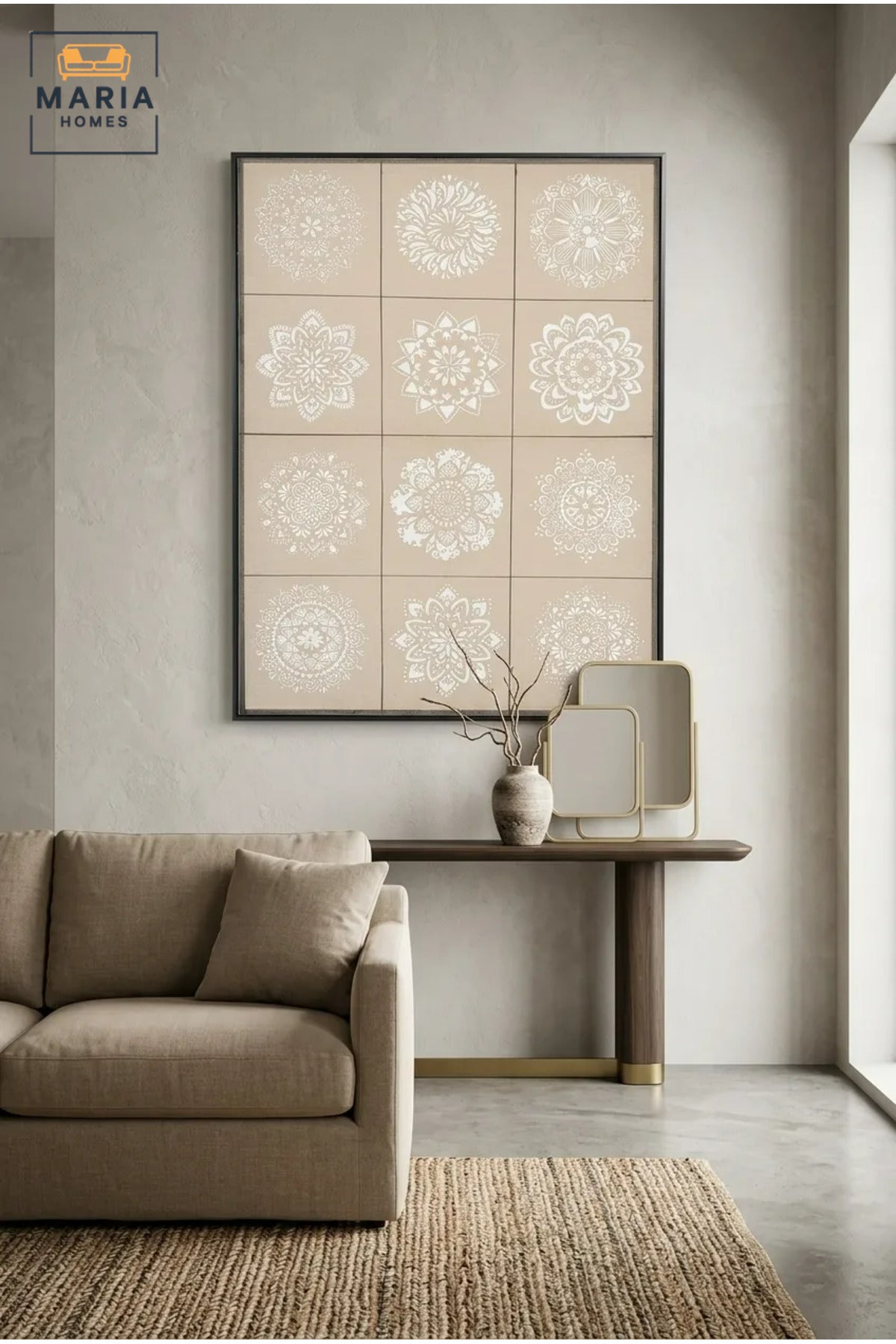 Modern Mandala Wall Art with Slim Black Frame, White Floral Pattern on Neutral Beige Canvas for Living Room, Bedroom, Hallway and Office Décor