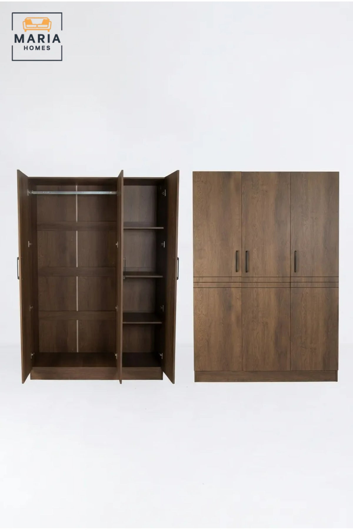 Modern 3-Door Wooden Wardrobe with Hanging Rail and Storage Shelves, Freestanding Bedroom Closet for Clothes, Accessories and Linen Organization
