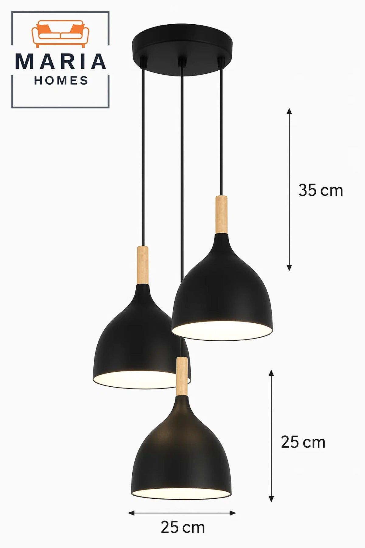 Triple Matte Black Pendant Light with Wood Accent