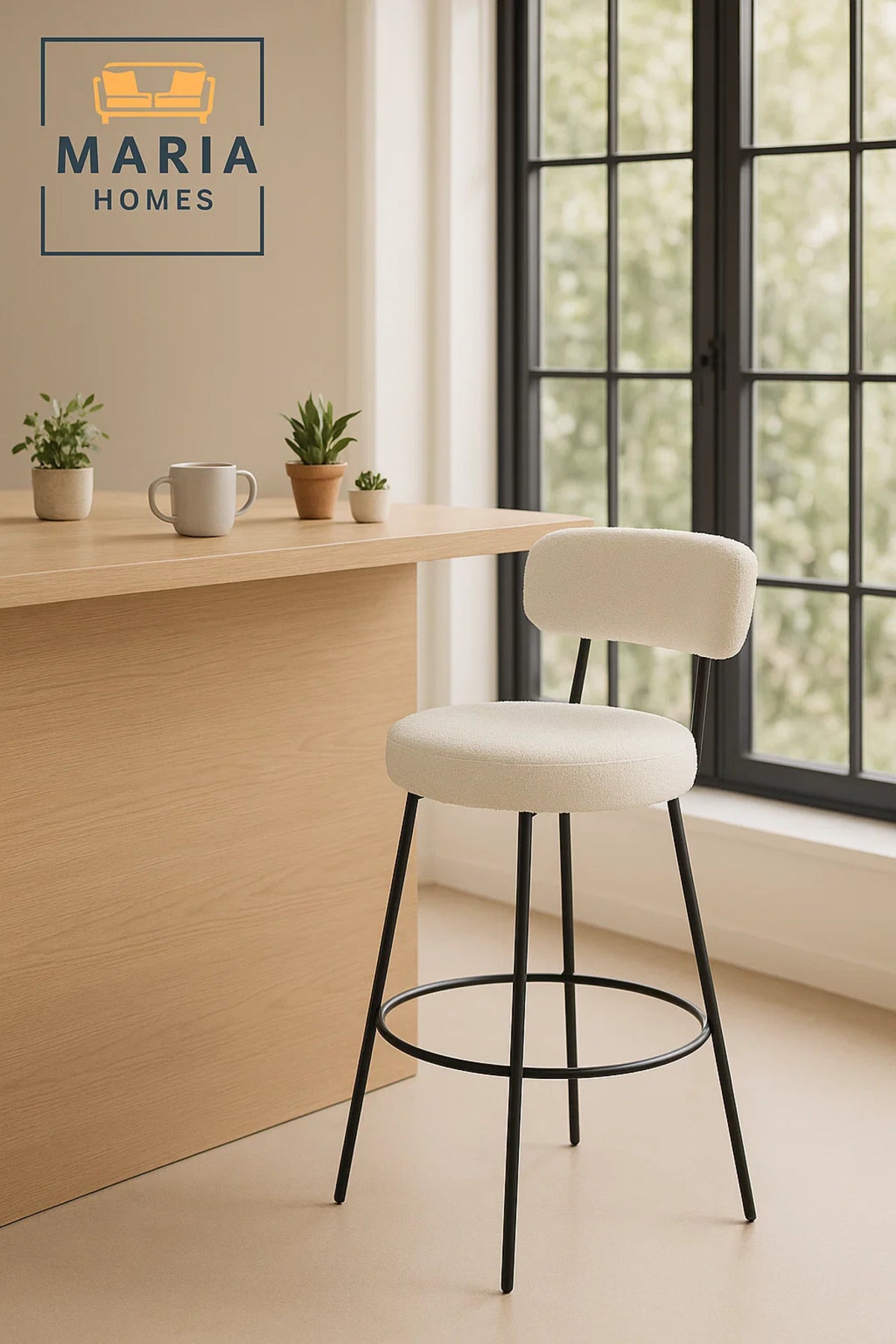 White Boucle Counter Bar Stool with Metal Frame, Upholstered Round Seat for Kitchen Island