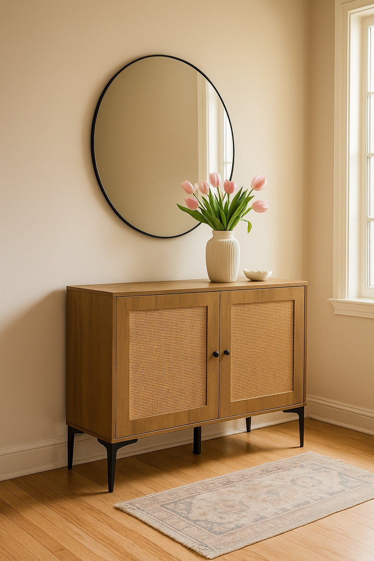 Brown Rattan Console Table 120_40_85 cm Ð Modern Wooden Storage Cabinet with Black Metal Legs