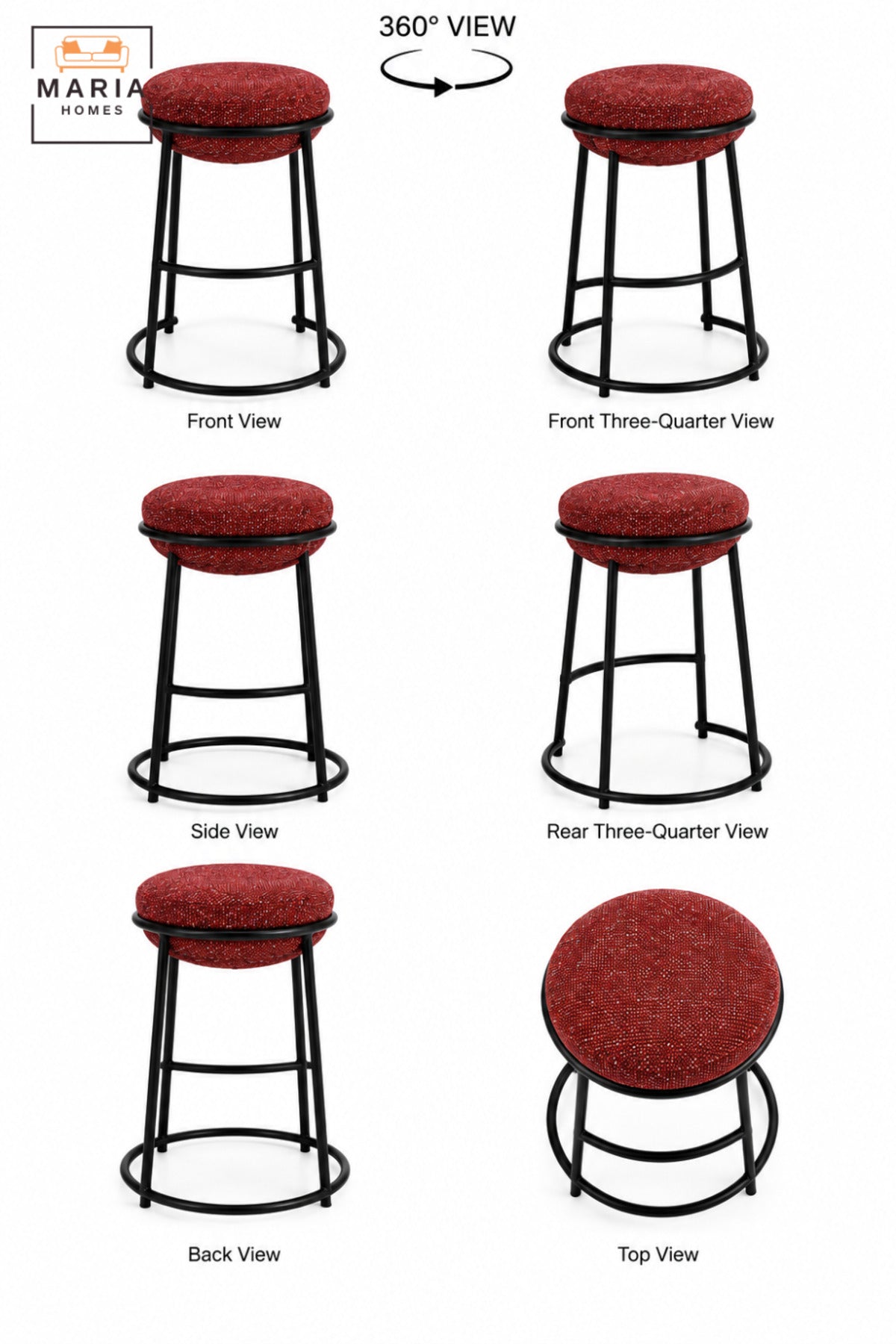 Modern Round Bar Stool with Padded Fabric Seat & Circular Footrest | Red Upholstered High Counter Chair with Slim Black Frame for Café and Kitchen 70x33cm