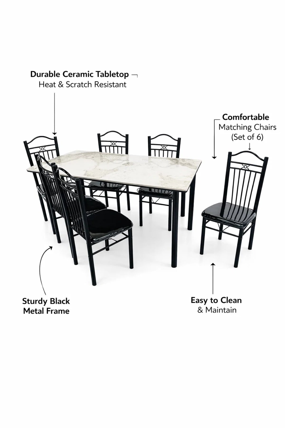 Elegant Beige Marble Dining Table Set with 6 Black Cushioned Chairs Modern Dining Furniture