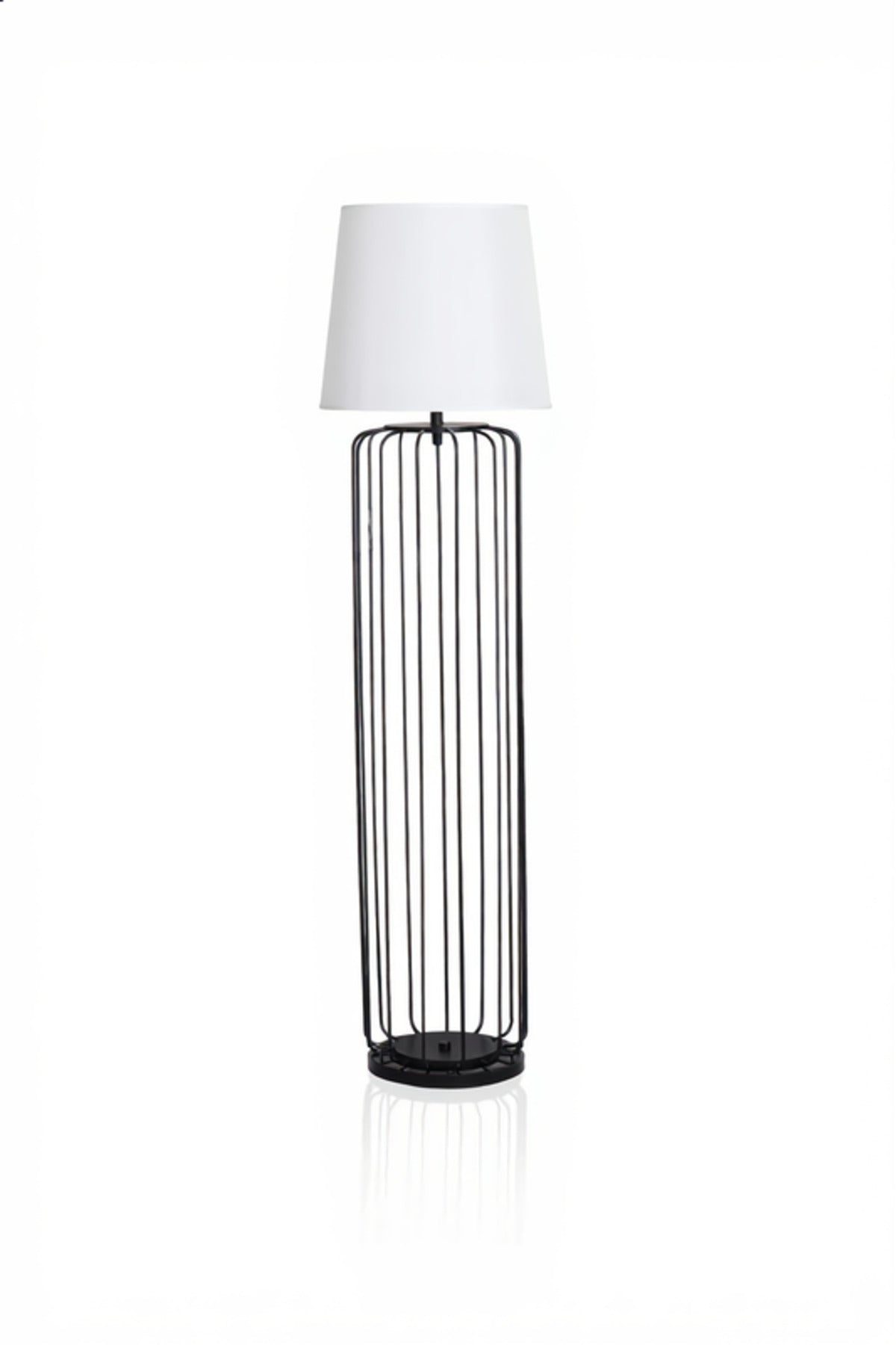 Modern Black Cage Style Floor Lamp with Fabric Shade for Living Room Decor