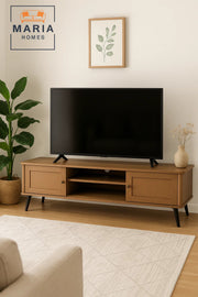 Wooden TV Stand with Paneled Doors and Black Metal Legs Ð 160x40x50 cm Brown Media Console